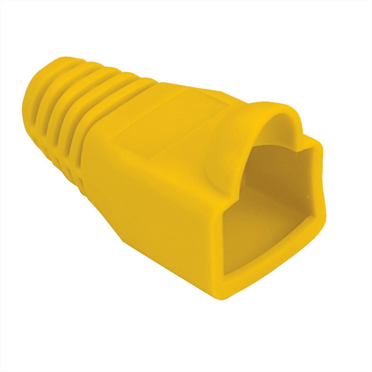 Gelber Kunststoff-Ethernet-Kabelstecker mit geripptem Zugentlastungsstiefel, gezeigt auf weißem Hintergrund.