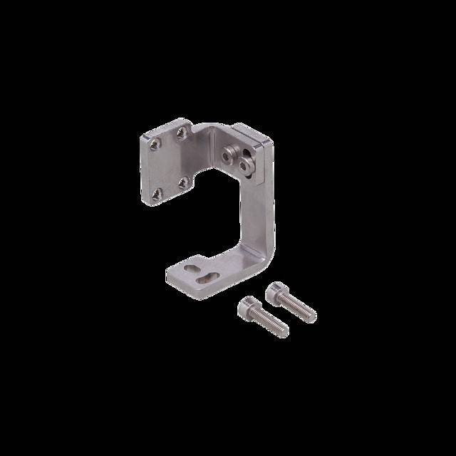 Ein metallischer rechteckiger Montagehalter mit zwei Schraubenlöchern, der neben zwei losen Schrauben auf einem schwarzen Hintergrund platziert ist.