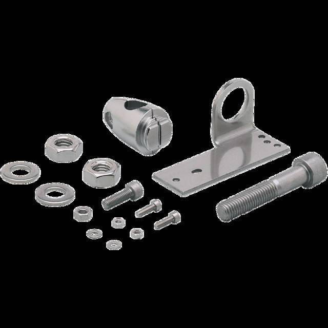 Eine Auswahl verschiedener Metallmuttern, Schrauben, Unterlegscheiben und einer Halterung, die auf einem einfarbigen Hintergrund angeordnet sind und verschiedene Typen und Größen hervorheben.