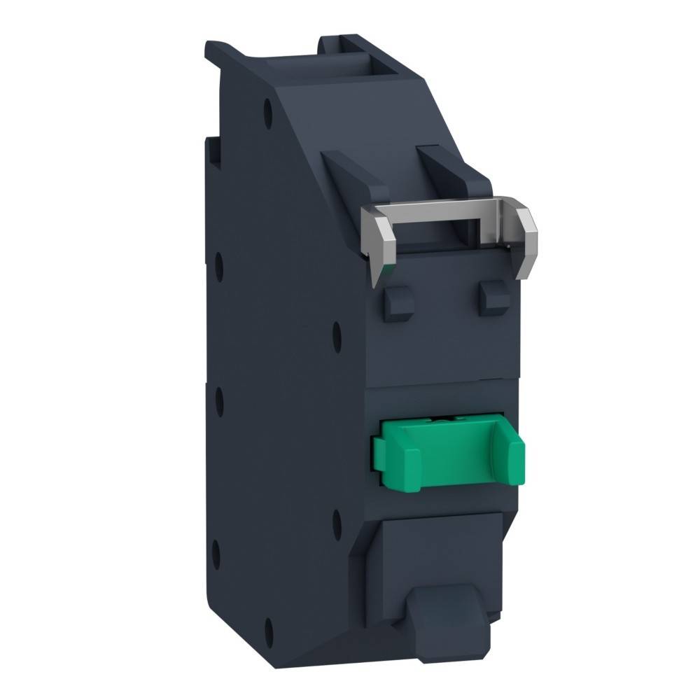 Eine schwarze rechteckige elektrische Komponente mit einem grünen Knopf und einem Metallriegel, die zum sicheren Anschluss elektrischer Schaltkreise verwendet wird.