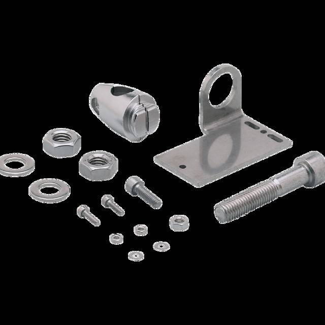 Verschiedene Metallbeschläge wie Schrauben, Muttern, Unterlegscheiben und eine Metallhalterung mit einem runden Loch, auf einem schwarzen Hintergrund angeordnet.