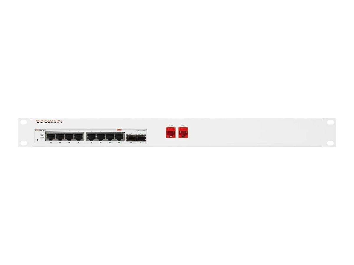 Weißes, rack-montiertes Netzwerkgerät mit mehreren Ethernet-Anschlüssen auf der linken Seite und zwei roten Indikatormodulen in der Nähe der Mitte.