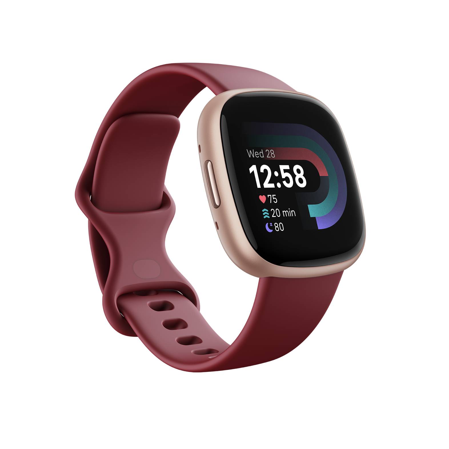 Bordeauxrote Fitness-Smartwatch mit Roségold-Gehäuse und digitalem Display, das 12:58 anzeigt, Datum Mi 28, Herzfrequenz 75, 20 Minuten Aktivität und Akku 80%.