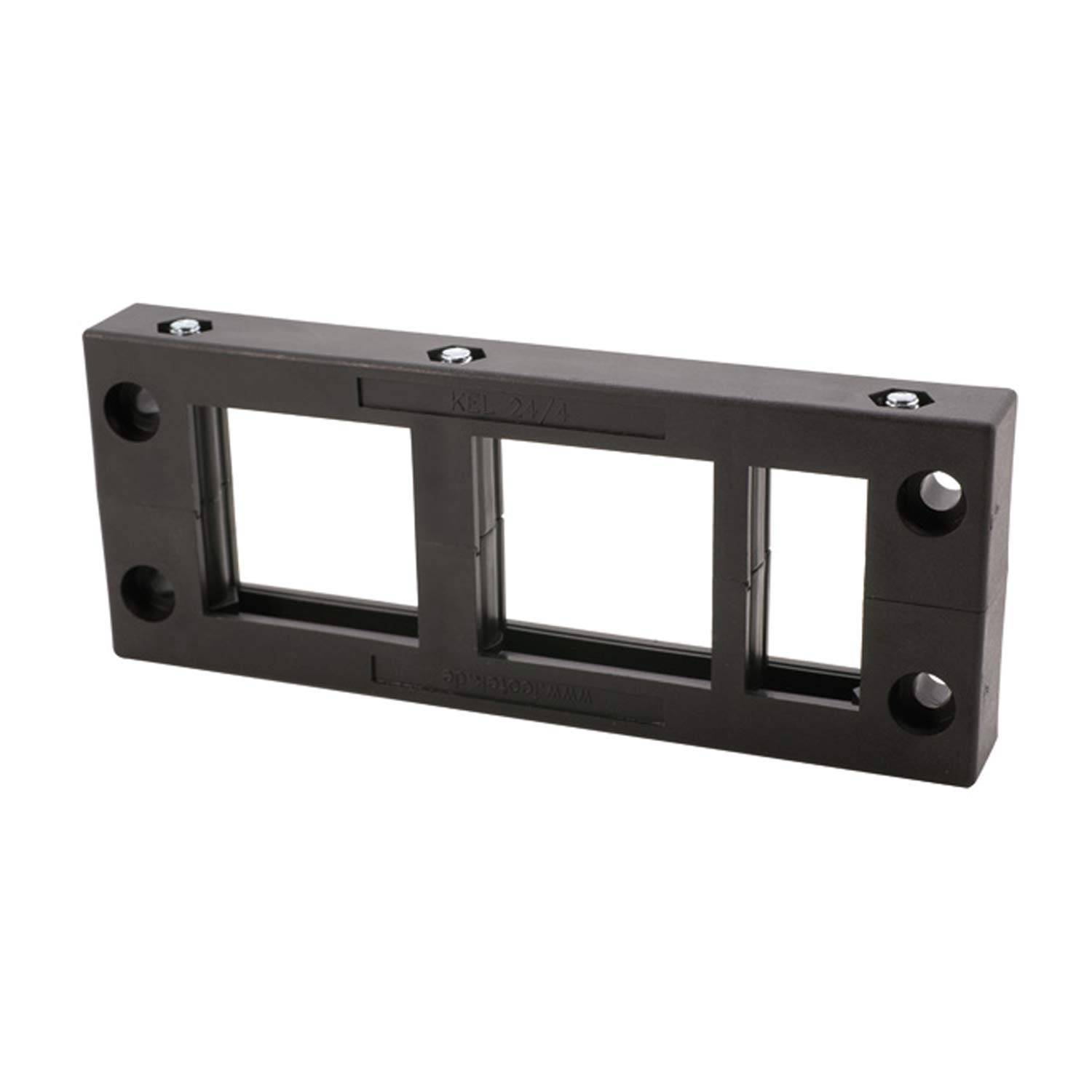 Ein schwarzer Montagerahmen mit drei quadratischen Ausschnitten und vier Schraublöchern, der zur Befestigung modularer Komponenten verwendet wird.