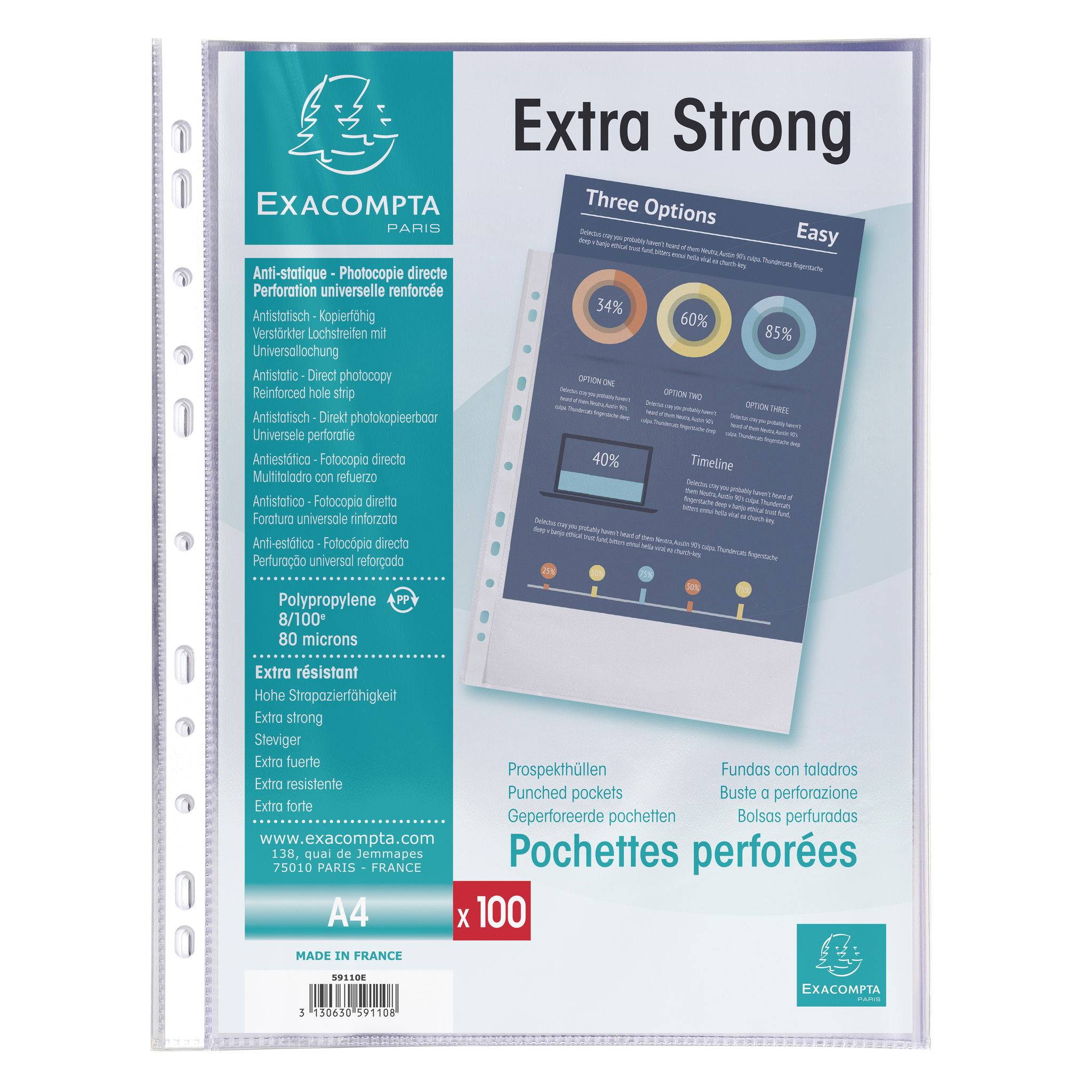 Exacompta 5x Pack 100 Prospekthüllen PP genarbt 800µ Premium A5 Kristall 59110E