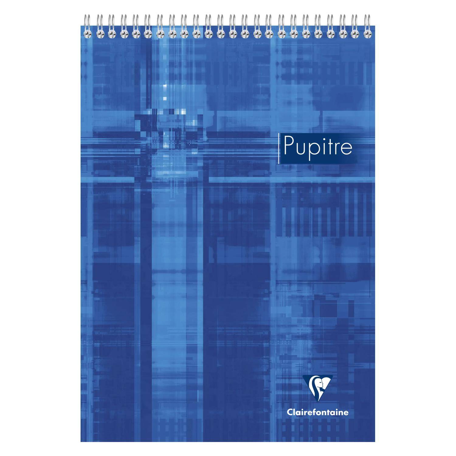 Blauer spiralgebundener Notizbuchdeckel mit abstraktem geometrischen Muster, beschriftet mit „Pupitre" und Clairefontaine-Logo.