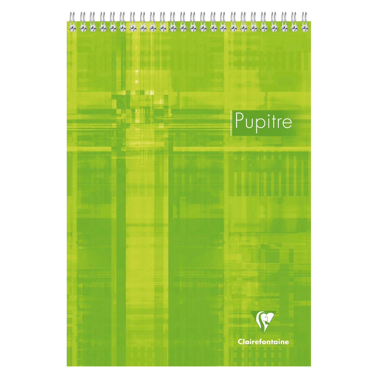 Grüner spiralgebundener Notizbuchdeckel mit der Aufschrift „Pupitre" und dem Clairefontaine-Logo unten.