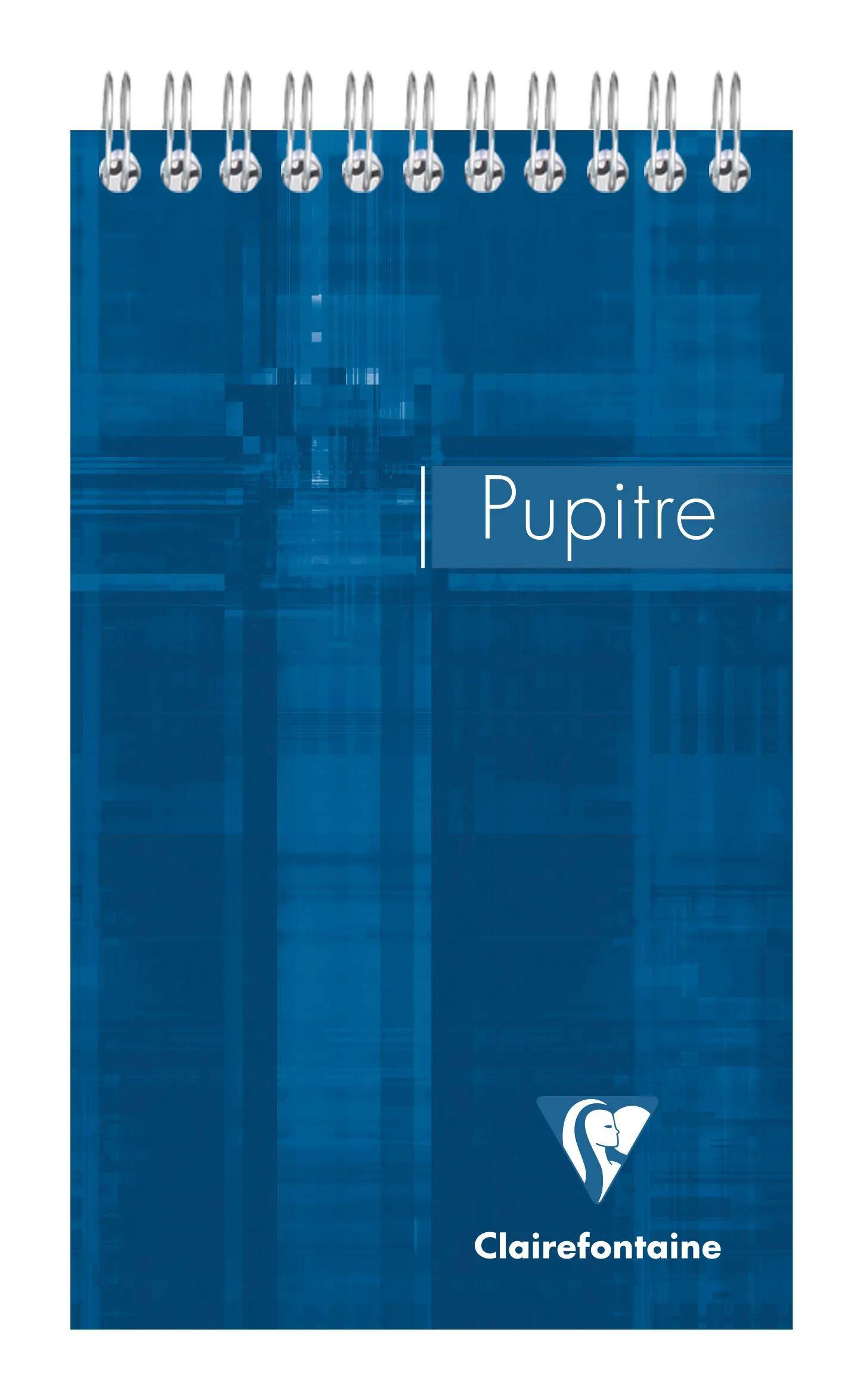 Blauer spiralgebundener Notizbuchdeckel mit dem Wort „Pupitre