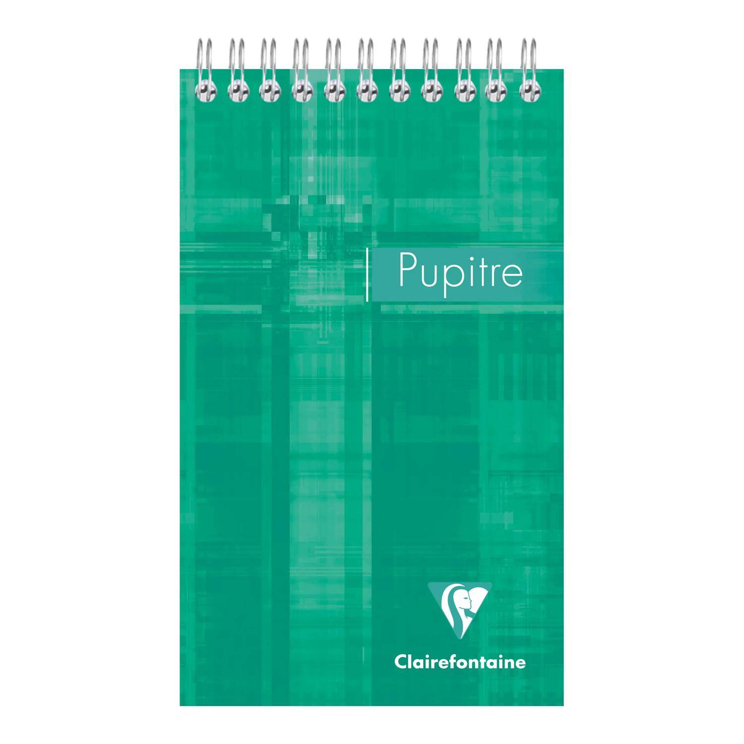 Ein grünes spiralgebundenes Notizbuch mit dem Wort „Pupitre" und dem Clairefontaine-Logo in der Nähe des unteren Randes.