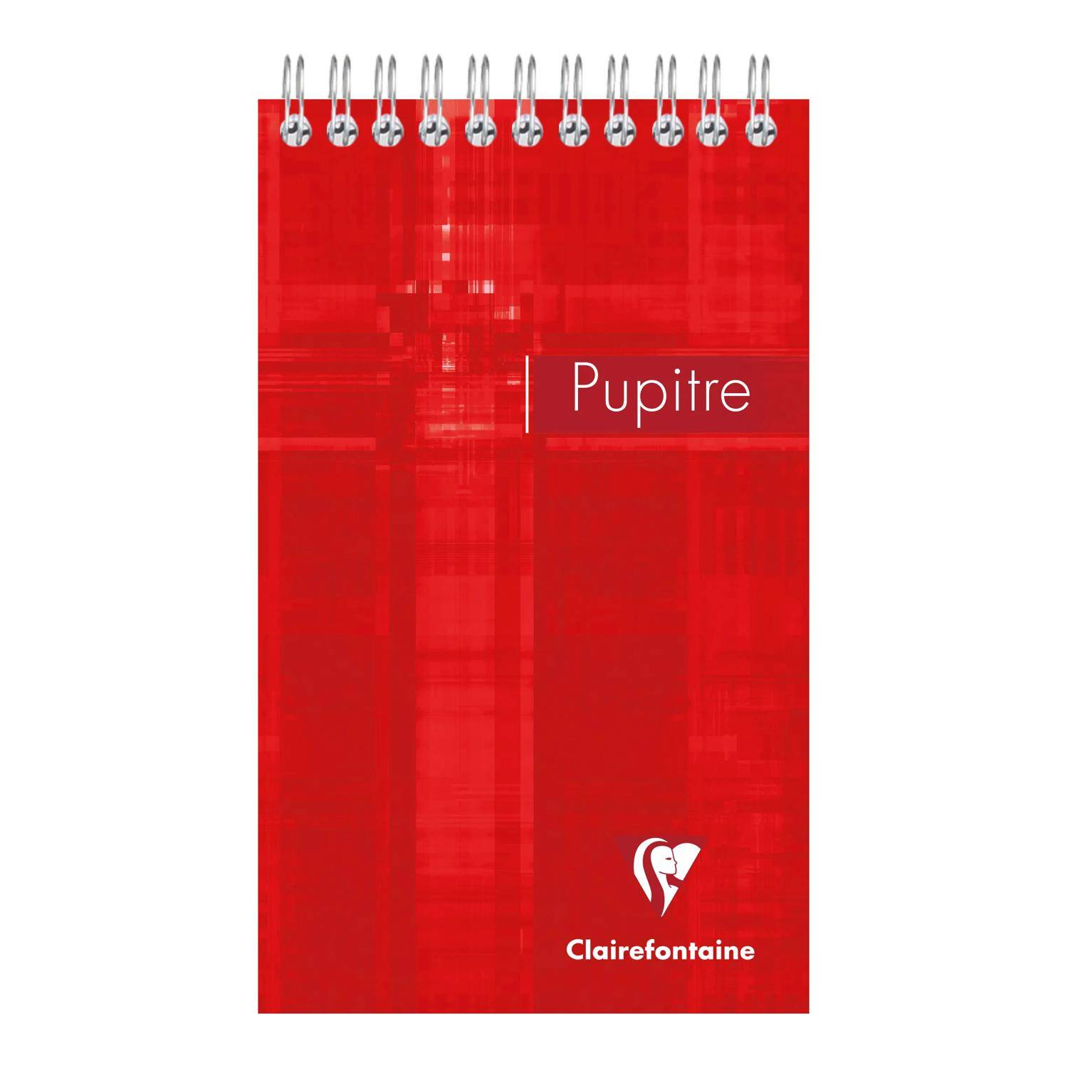 Rotes spiralgebundenes Notizbuch mit dem Wort „Pupitre" auf dem Umschlag und dem Clairefontaine-Logo am unteren Rand.
