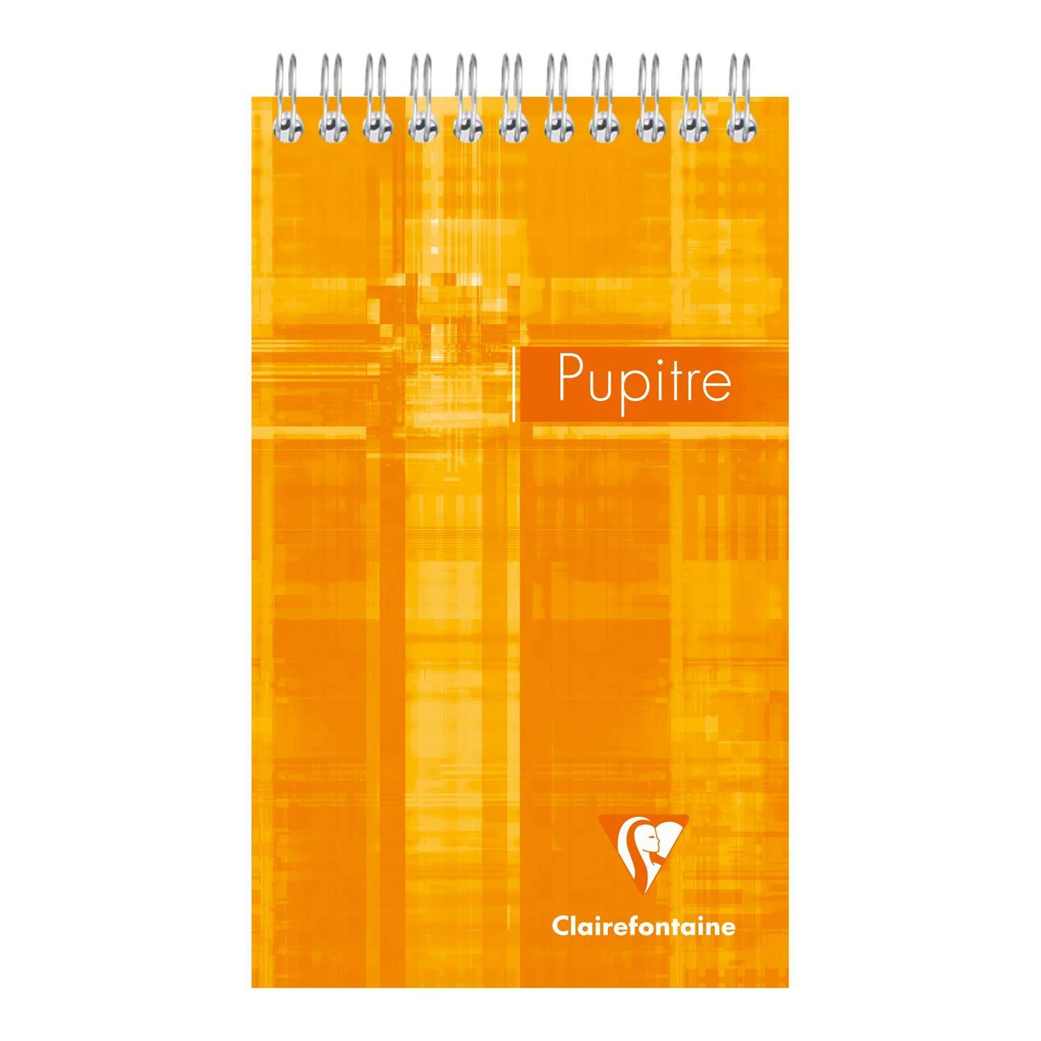 Orange spiralgebundenes Notizbuchcover mit der Aufschrift „Pupitre" und dem Clairefontaine-Logo in der Nähe des unteren Randes.