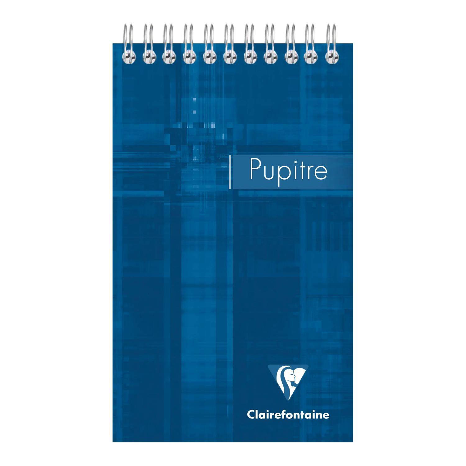 Blauer spiralgebundener Notizbucheinband mit der Bezeichnung „Pupitre" und Clairefontaine-Logo unten.