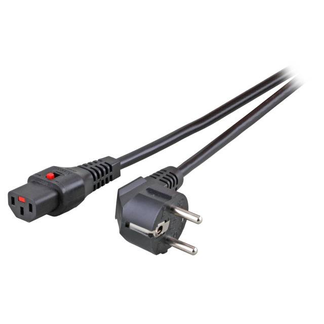 Schwarzes Stromkabel mit europäischem Stecker auf der einen Seite und IEC-Gerätestecker auf der anderen Seite, auf weißem Hintergrund dargestellt.