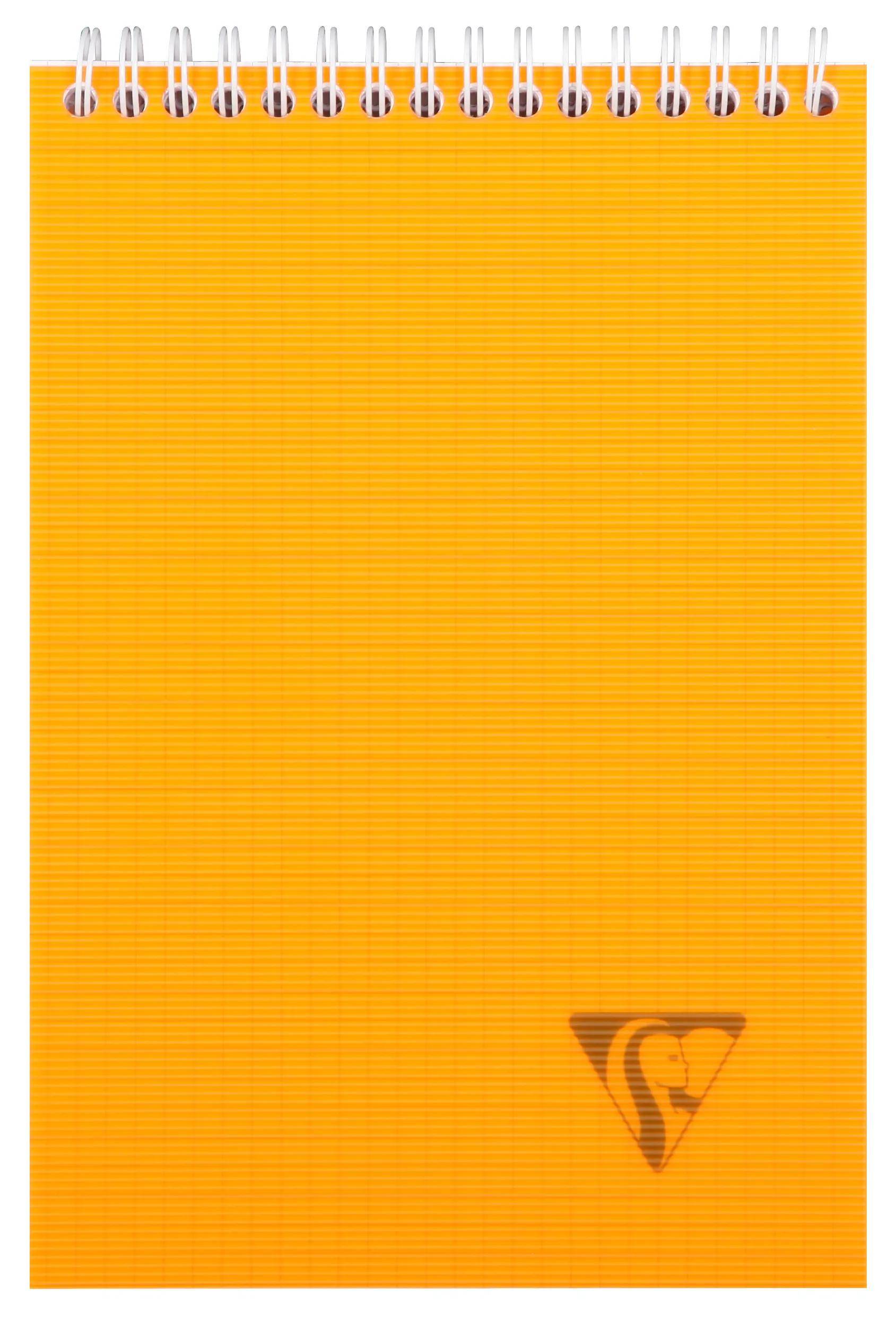 Oranges spiralgebundenes Notizbuch mit leerem Umschlag und kleinem dreieckigem Logo in der unteren rechten Ecke.