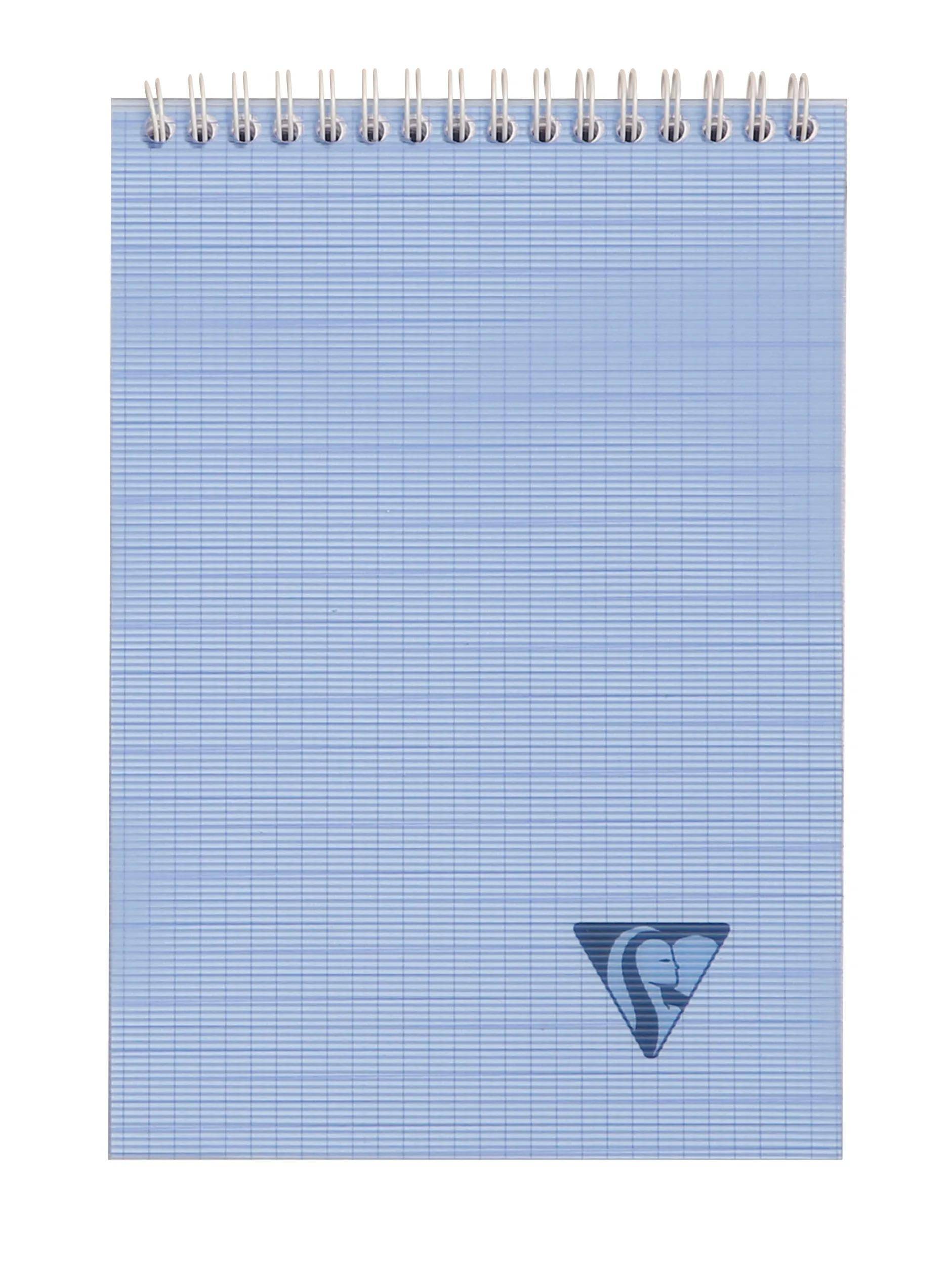 Blaugebundenes Spiralbuch mit Millimeterpapier und kleinem dreieckigem Logo in der unteren rechten Ecke.