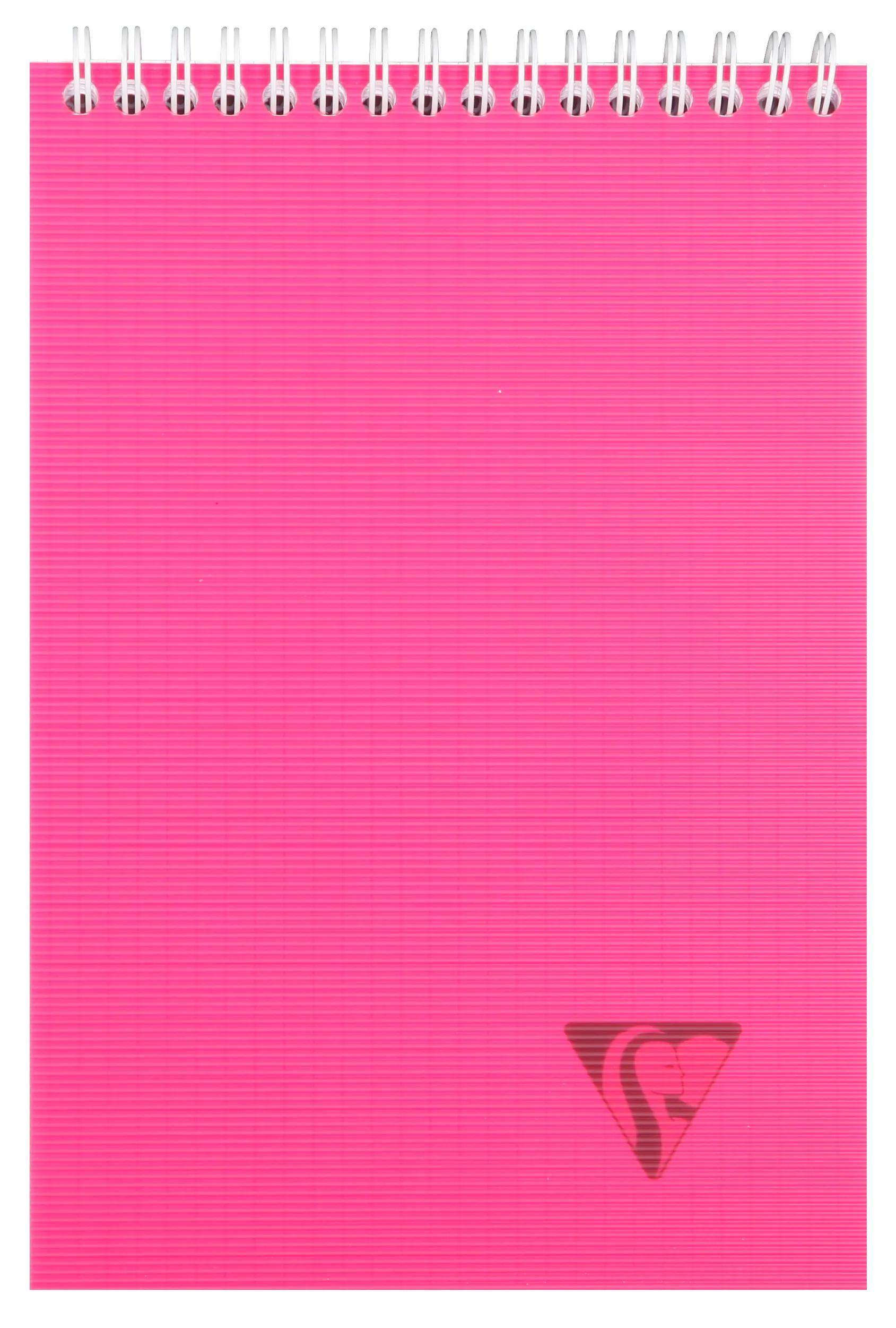 Rosa spiralgebundenes Notizbuch mit leerem Umschlag und kleinem dunklem Logo in der unteren rechten Ecke.