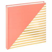 Rosa Hardcover-Notizbuch mit korallfarbenem Einband und gelb-weiß gestreiftem Diagonalmuster auf der Vorderseite.