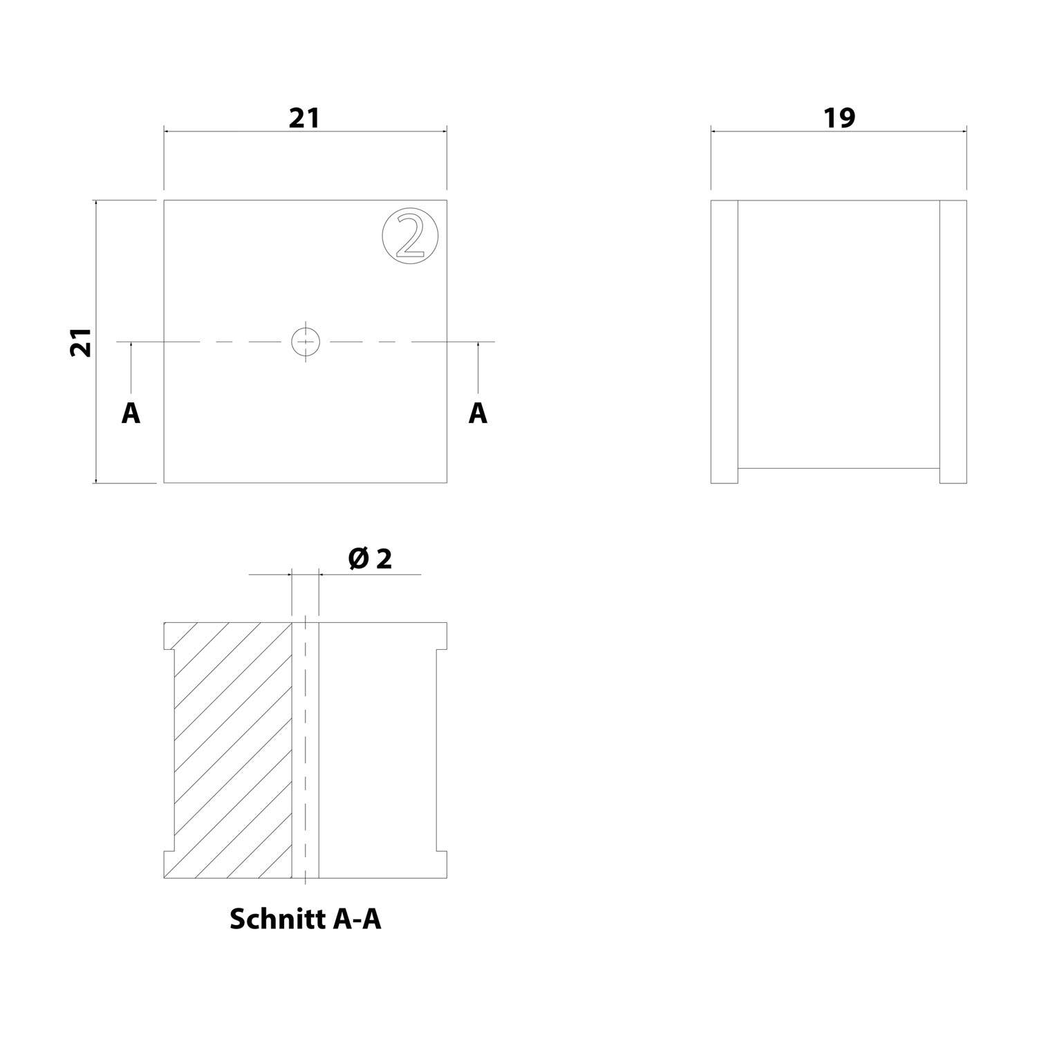 Mechanische Teilzeichnung mit Schnittansicht. Draufsicht ist ein Quadrat mit 21 Einheiten pro Seite. Die Seite enthält einen Kreis mit einem Durchmesser von 2, beschriftet mit Schnitt A-A.