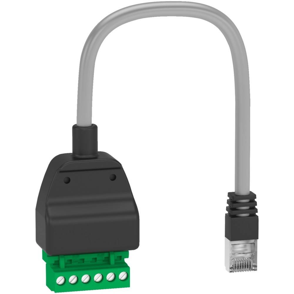 Ein kurzes graues Kabel mit einem schwarzen Adapter an einem Ende und einem RJ45-Stecker am anderen Ende. Der Adapter verfügt über grüne Drahtanschlüsse.