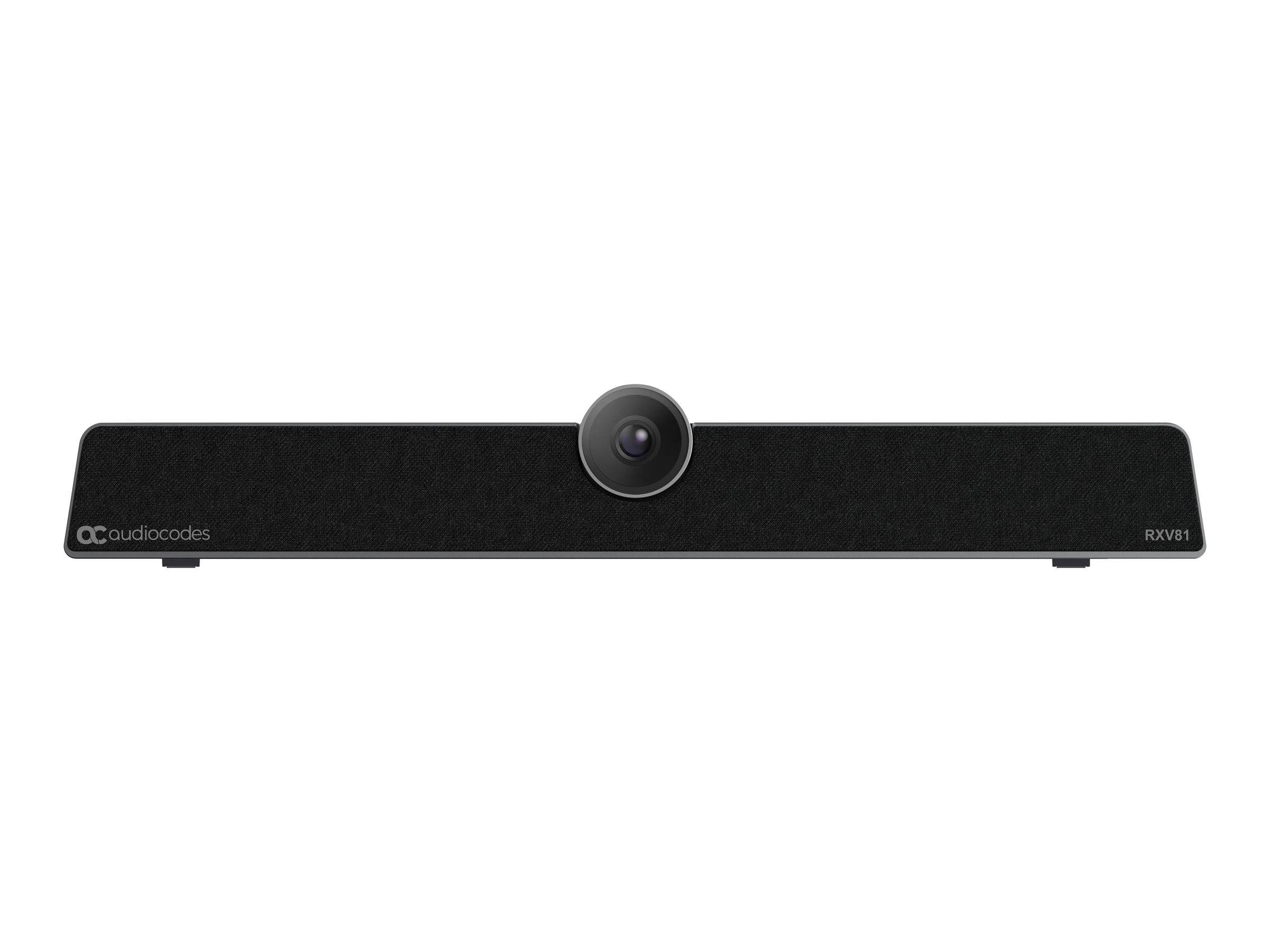 AudioCodes-Videkonferenz-Soundbar-Kamera in Schwarz mit zentrierter Linse auf weißem Hintergrund.