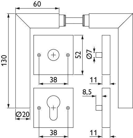 Technische Zeichnung eines Türgriffsets. Enthält detaillierte Maße: 130 mm Höhe, 60 mm Breite, 38 mm quadratische Schlösser, 7 mm Schlüsselloch-Durchmesser.