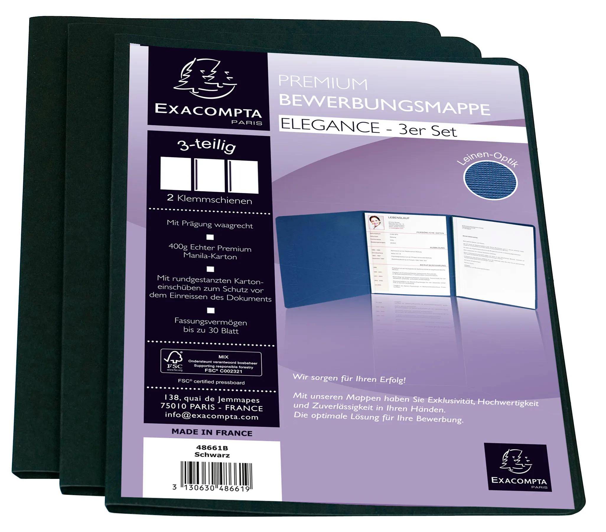 Exacompta 15x 3er Set Bewerbungsmappen Karton 1 Klemmschiene A4 Schwarz 48661B