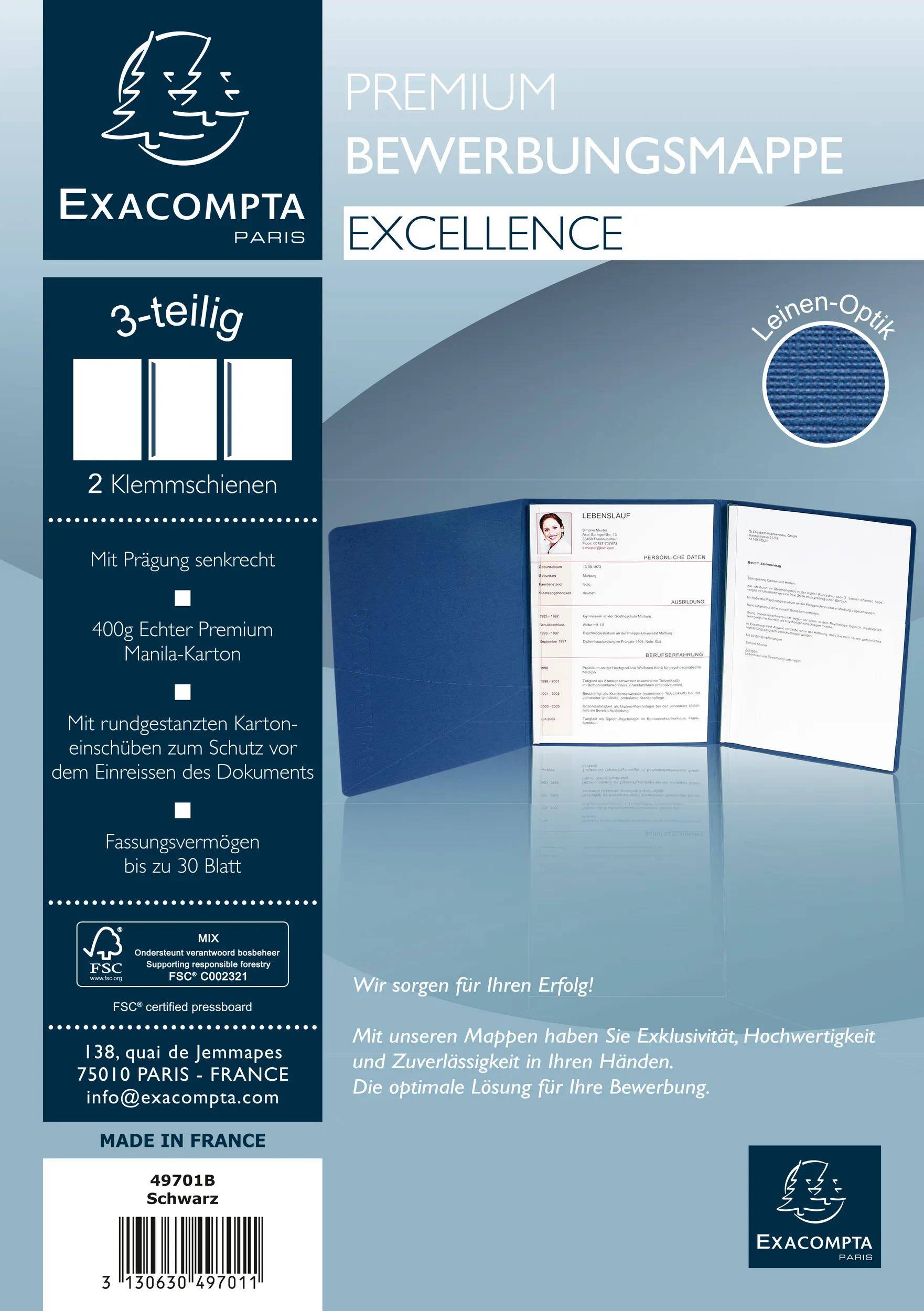 Exacompta 10x Bewerbungsmappe Karton Leinenoptik 2Klemmschiene A4 Schwarz 49701B