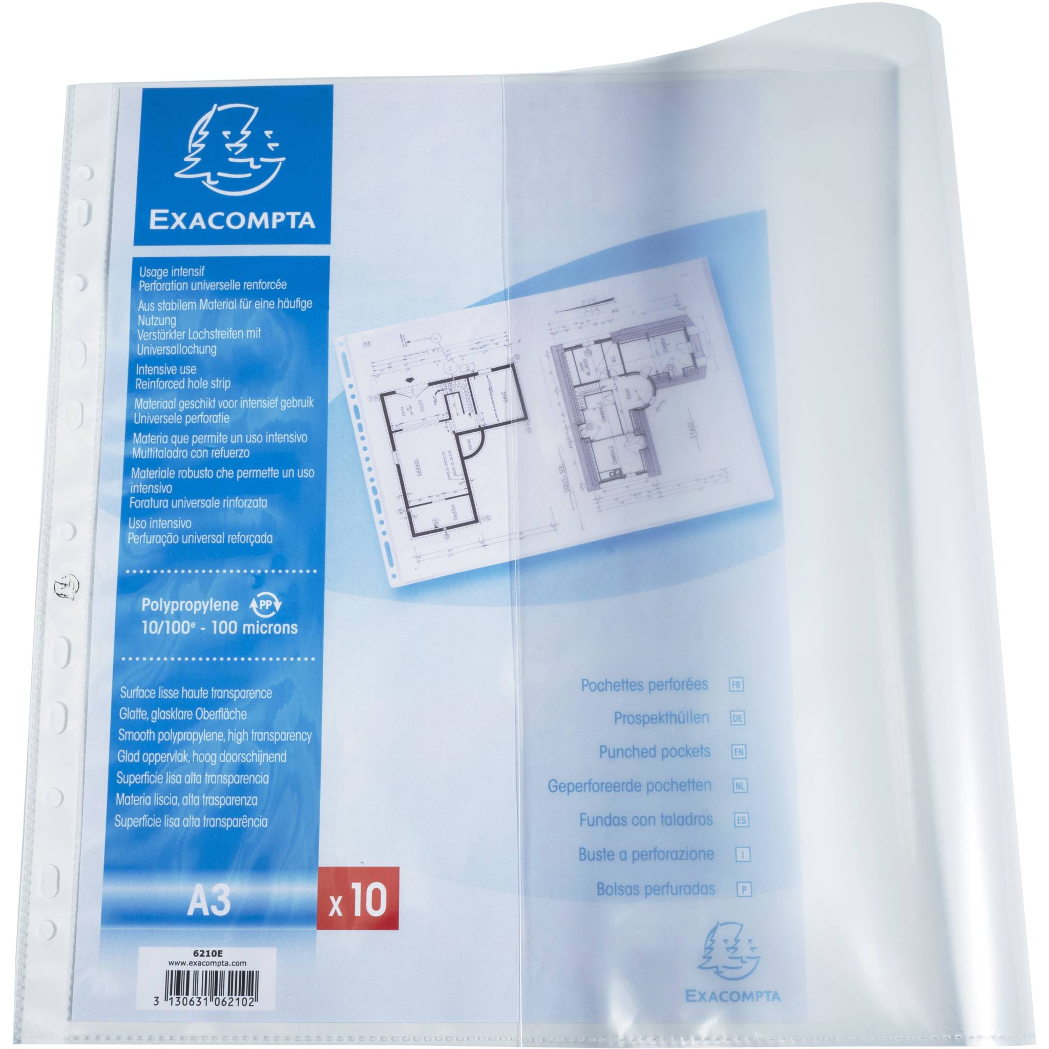 Exacompta 5x 10 Prospekthüllen fein genarbt gelocht PP A3 quer Kristall 6210E