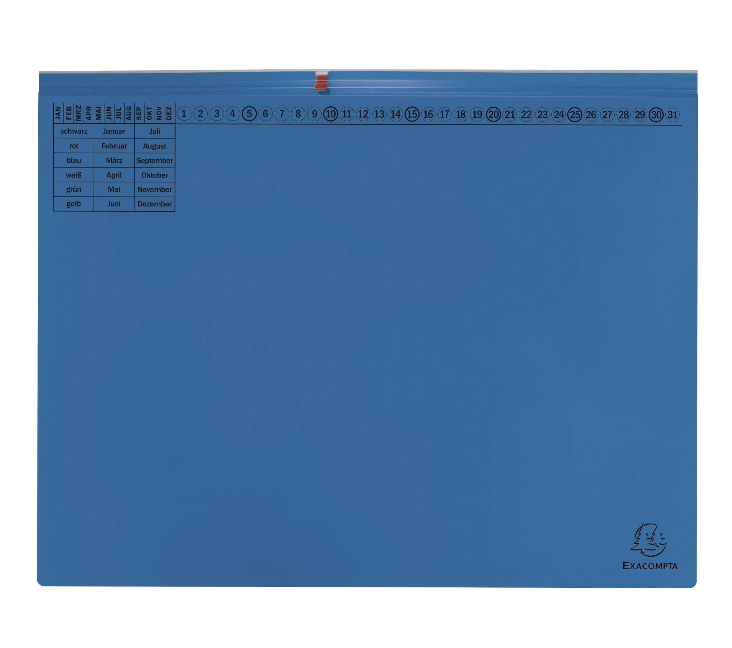 Ein blauer Schreibtischunterlage-Kalender mit Tagen des Monats in Gitterformat, beschriftet mit Monaten in vier Sprachen: Polnisch, Deutsch, Französisch, Englisch.