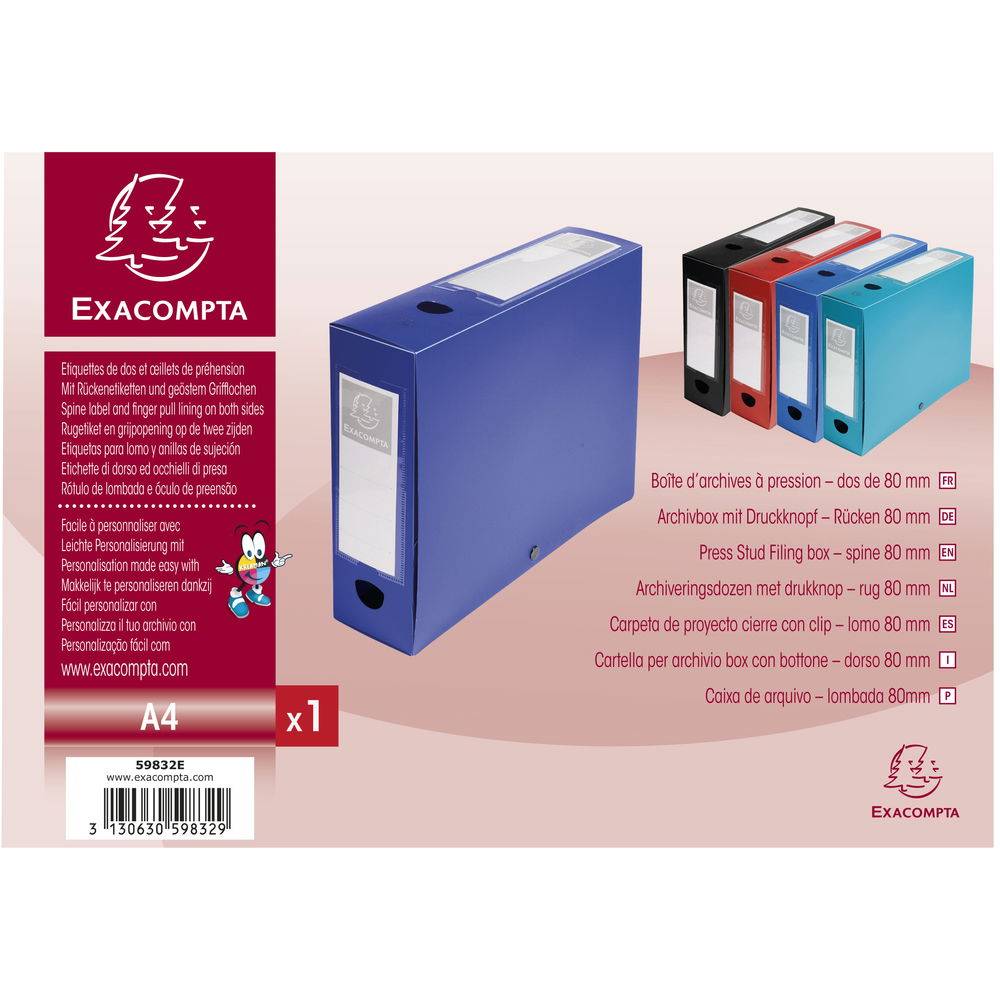 Exacompta 10x Archivbox + Knopf, PP 700µ, Rücken 80mm, A4, Blau, 59832E
