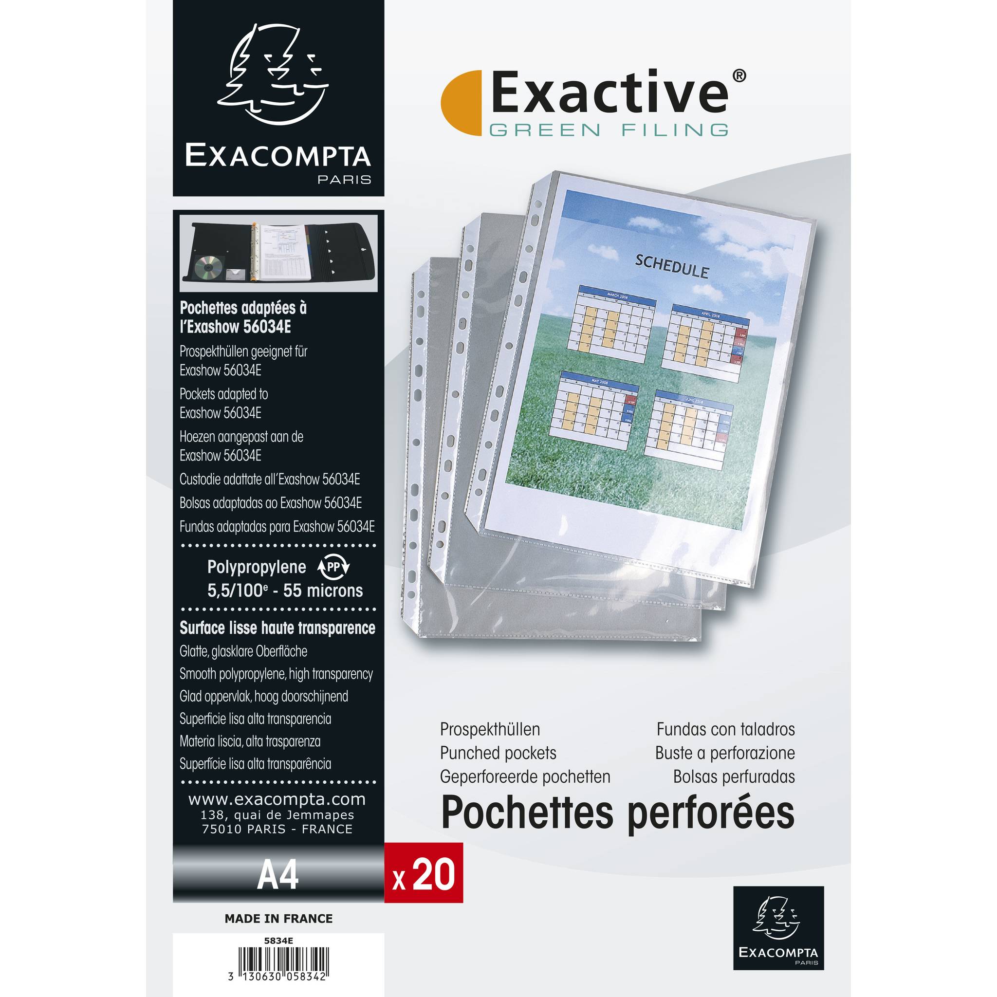 Exacompta 5x 20 Prospekthüllen für das Ringbuch Exashow PP 55µ A4 Kristall 5834E