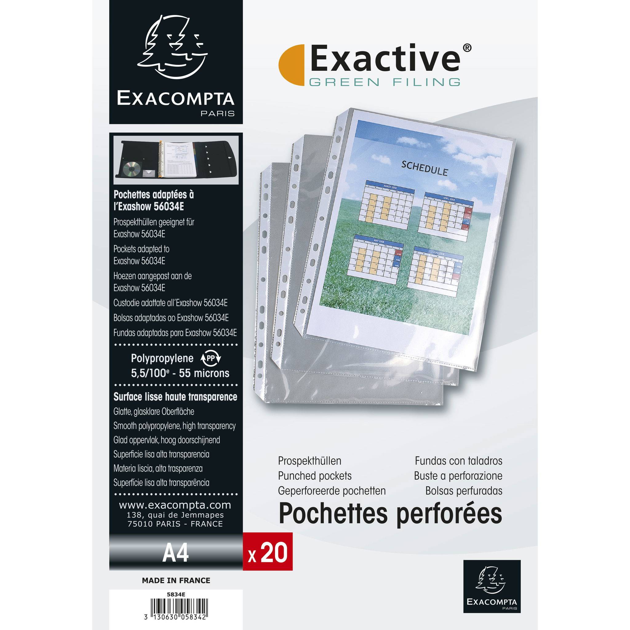 Exacompta 5x 20 Prospekthüllen für das Ringbuch Exashow PP 55µ A4 Kristall 5834E