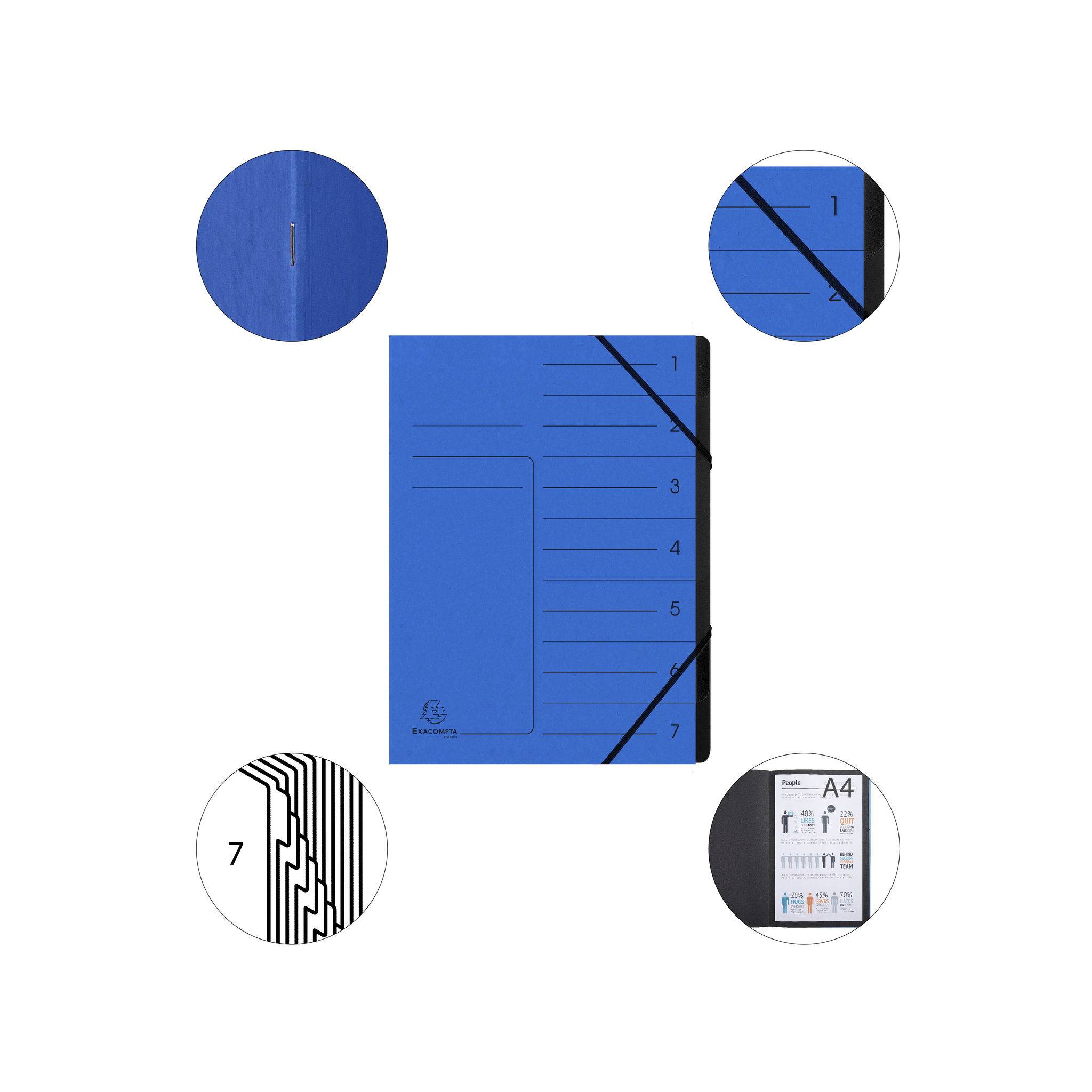 Exacompta 10x Ordnungsmappe + Gummizug innen schwarz 7 Fächer A4 Blau 540702E