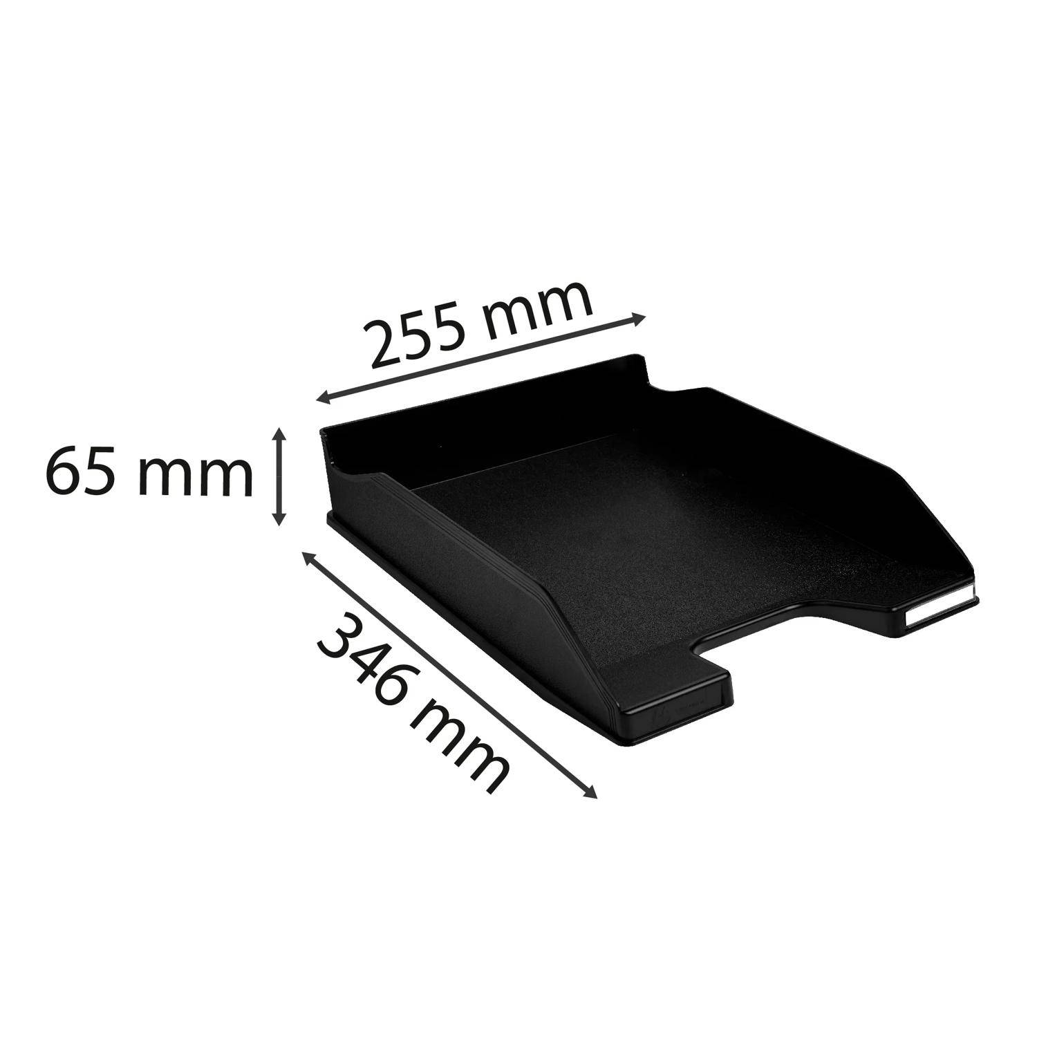 Schwarzes Kunststoff-Schreibtischschale mit Abmessungen: 346 mm Tiefe, 255 mm Breite und 65 mm Höhe.