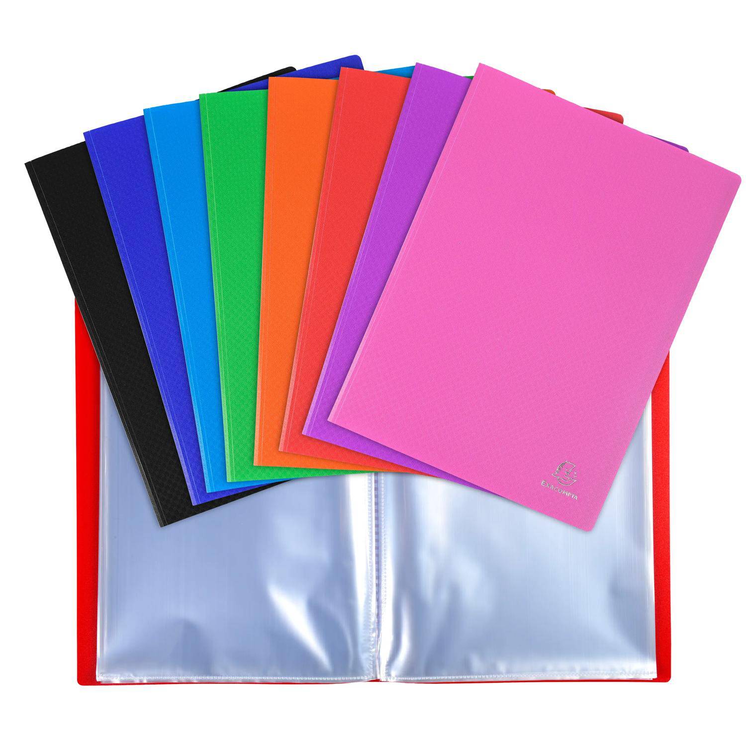 Offener Ordner mit durchsichtigen Hüllen, oben mit einem Fächer aus farbigen Mappen oder Registern in Schwarz, Blau, Grün, Orange, Rot, Lila und Rosa.