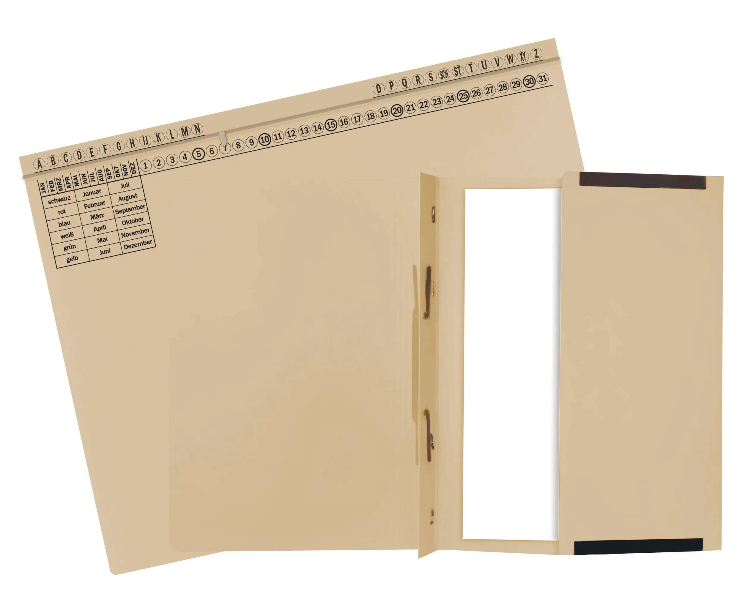 Ein offener hellbrauner Aktenordner mit alphabetisierten Reitern oben, die Aktentrenner zeigen, die mit verschiedenen Monaten und Kategorien wie „Finanzen