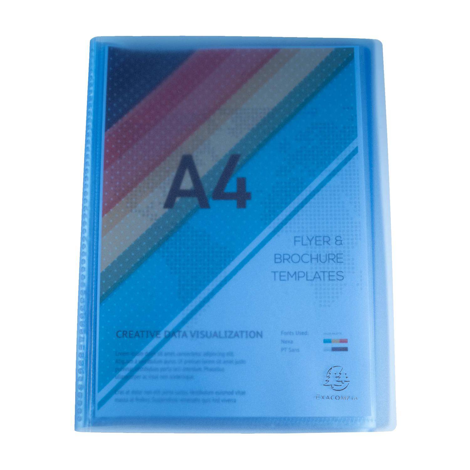 Blaue A4-Flyer- und Broschürenvorlage mit Deckblatt, diagonalen farbigen Streifen und kleinem Text 