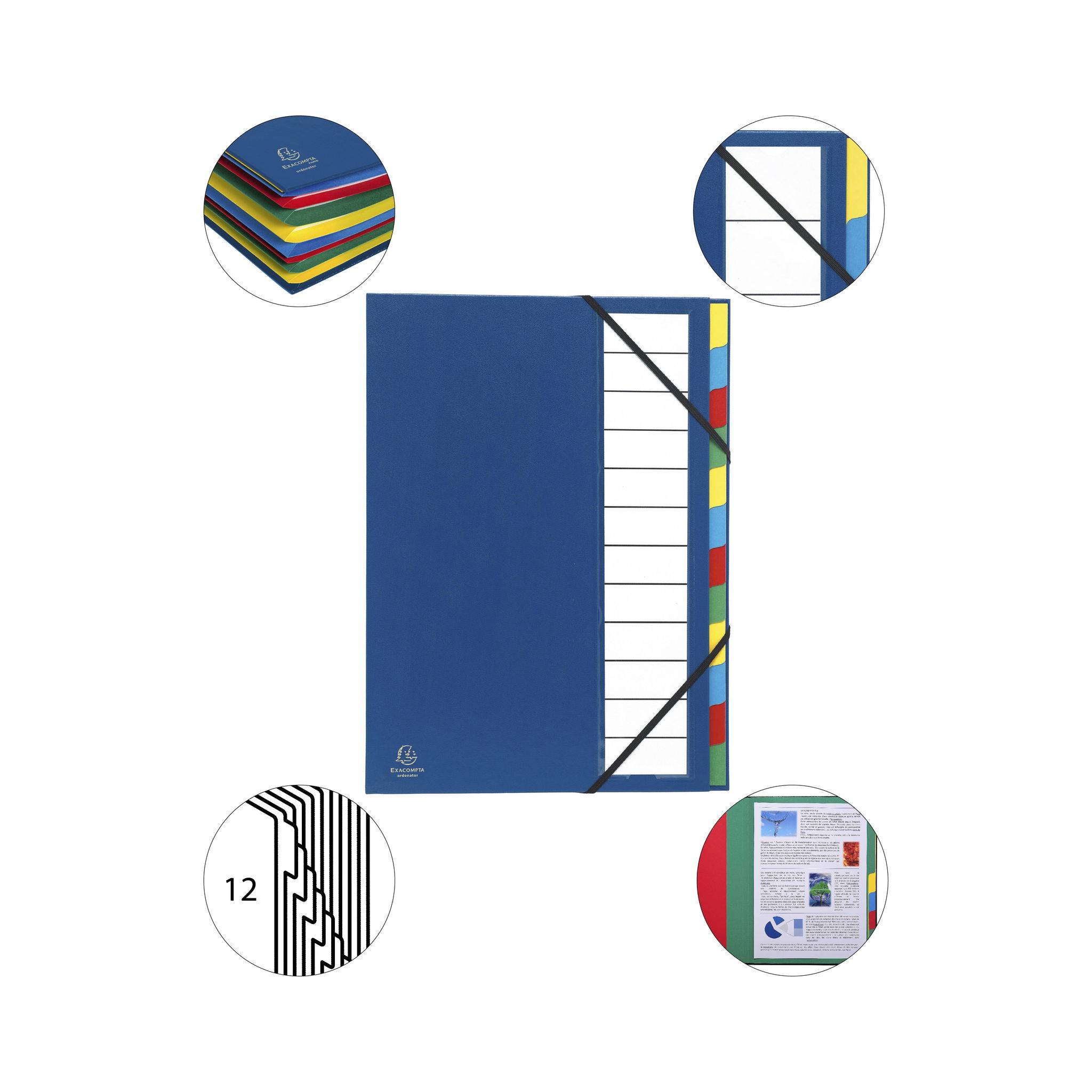 Exacompta 6x Ordnungsmappe Deckel 3mm Gummizug 12 Fächer A4 Blau 55342E