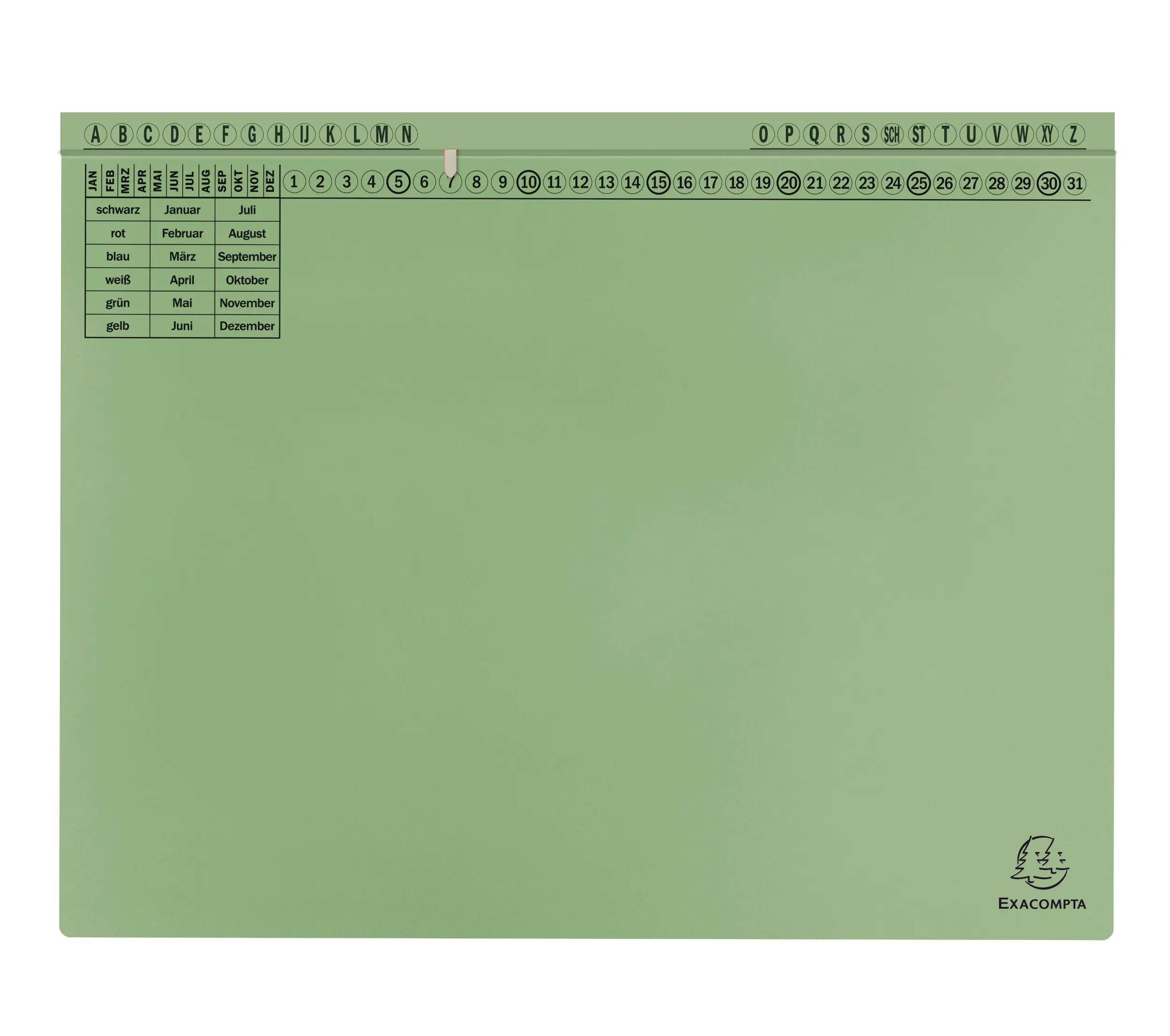 Grüner Planer mit Spalten von A-Z und Reihen mit nummerierten Tagen 1-31. Enthält Monatsnamen auf Deutsch. Exacompta-Logo unten rechts.