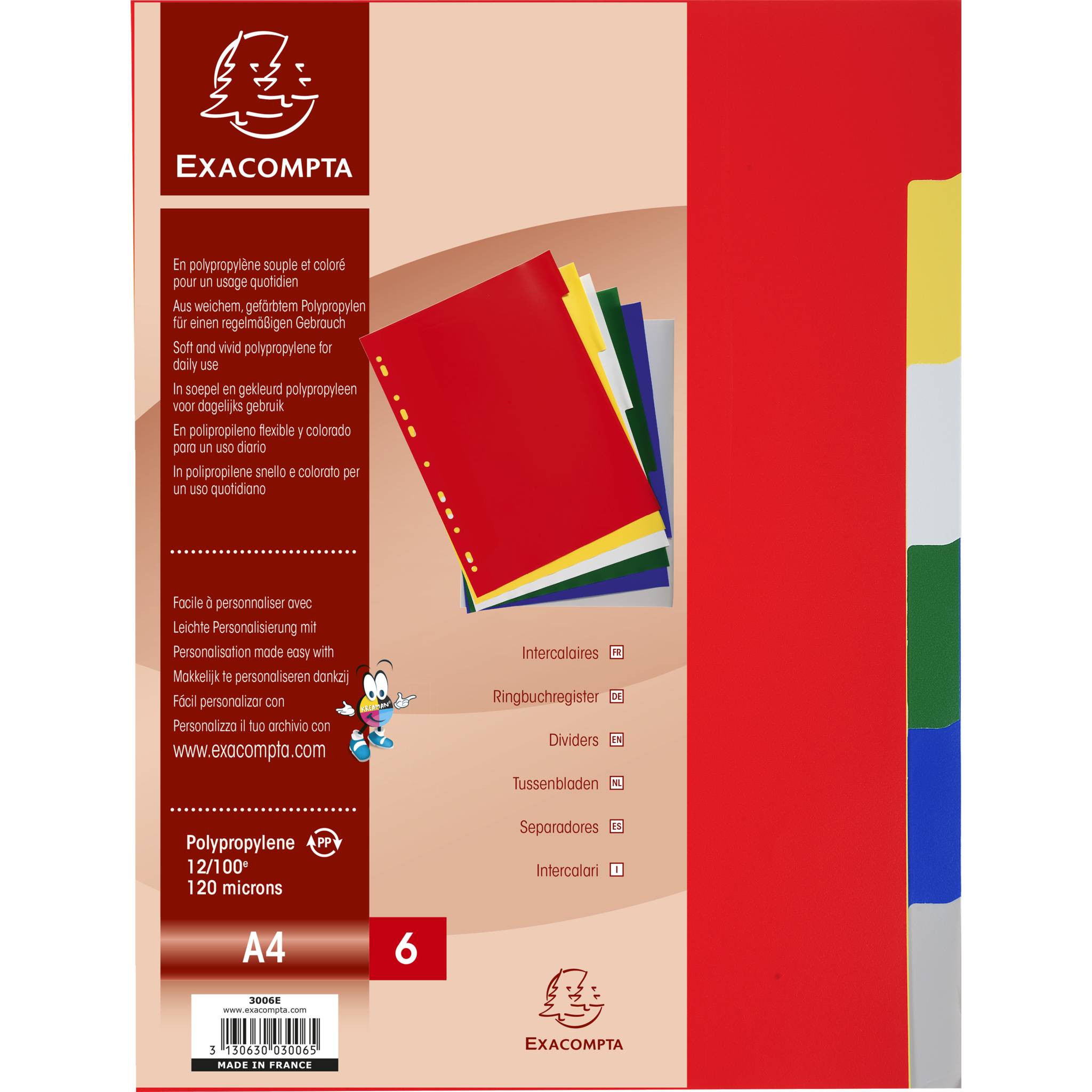 Exacompta 100x Register PP 120µ mit 6 Positionen, für Format A4, sortiert, 3006E