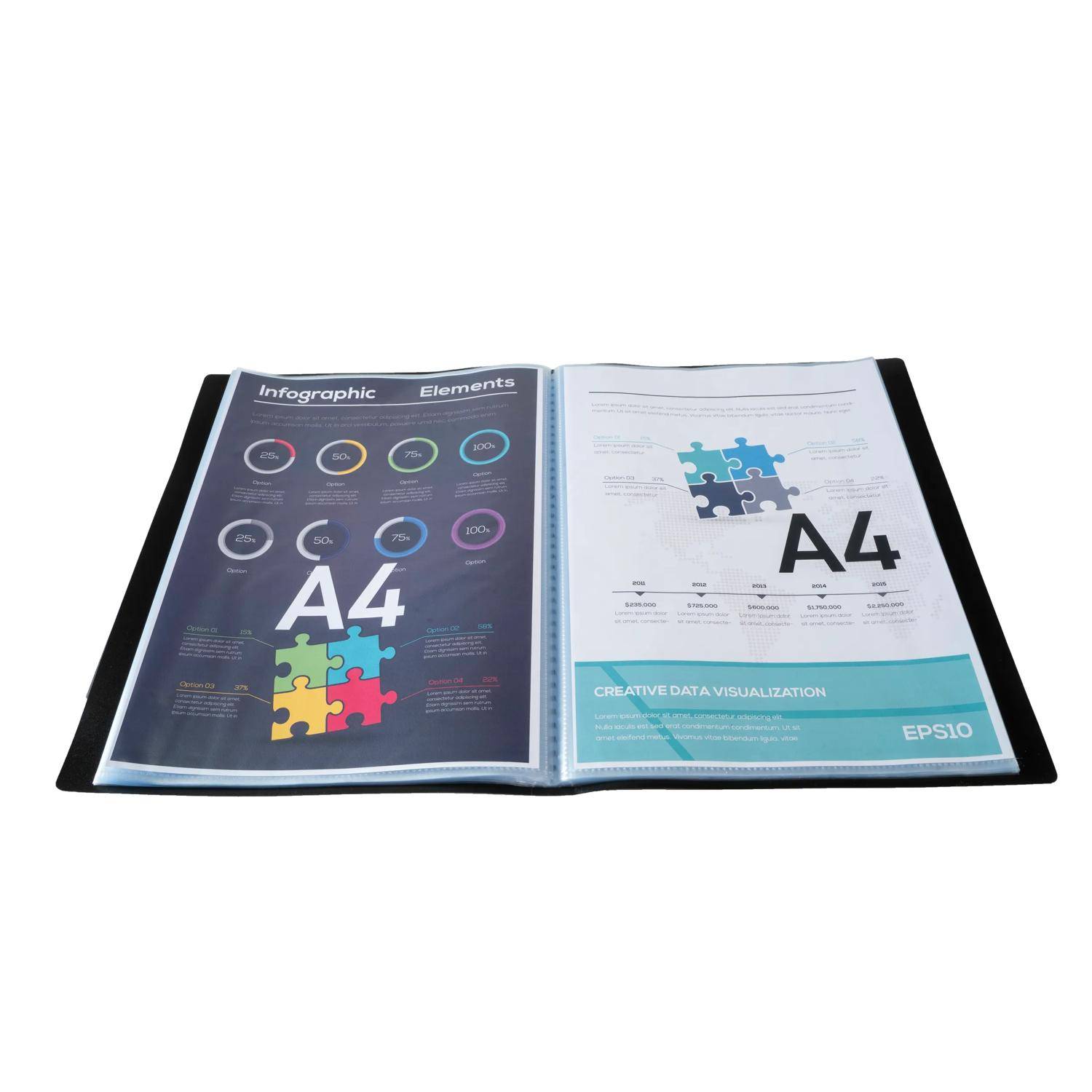 Offener Katalog oder Broschürenausschlag mit A4-Infografik-Designmustern und Datenvisualisierungslayouts, einschließlich farbenfroher Puzzle-Stück-Grafiken und dem Text „A4" und „Infografik-Elemente"".
