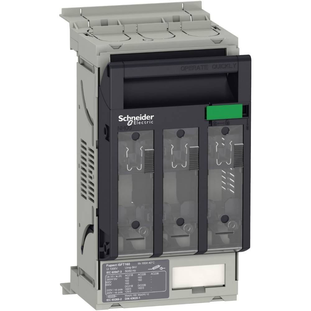Ein Schneider Electric Schalter-Leistungsschalter mit drei Schaltern wird gezeigt, mit einem schwarzen Panel, einem grünen Knopf und Betriebskennzeichnungen.