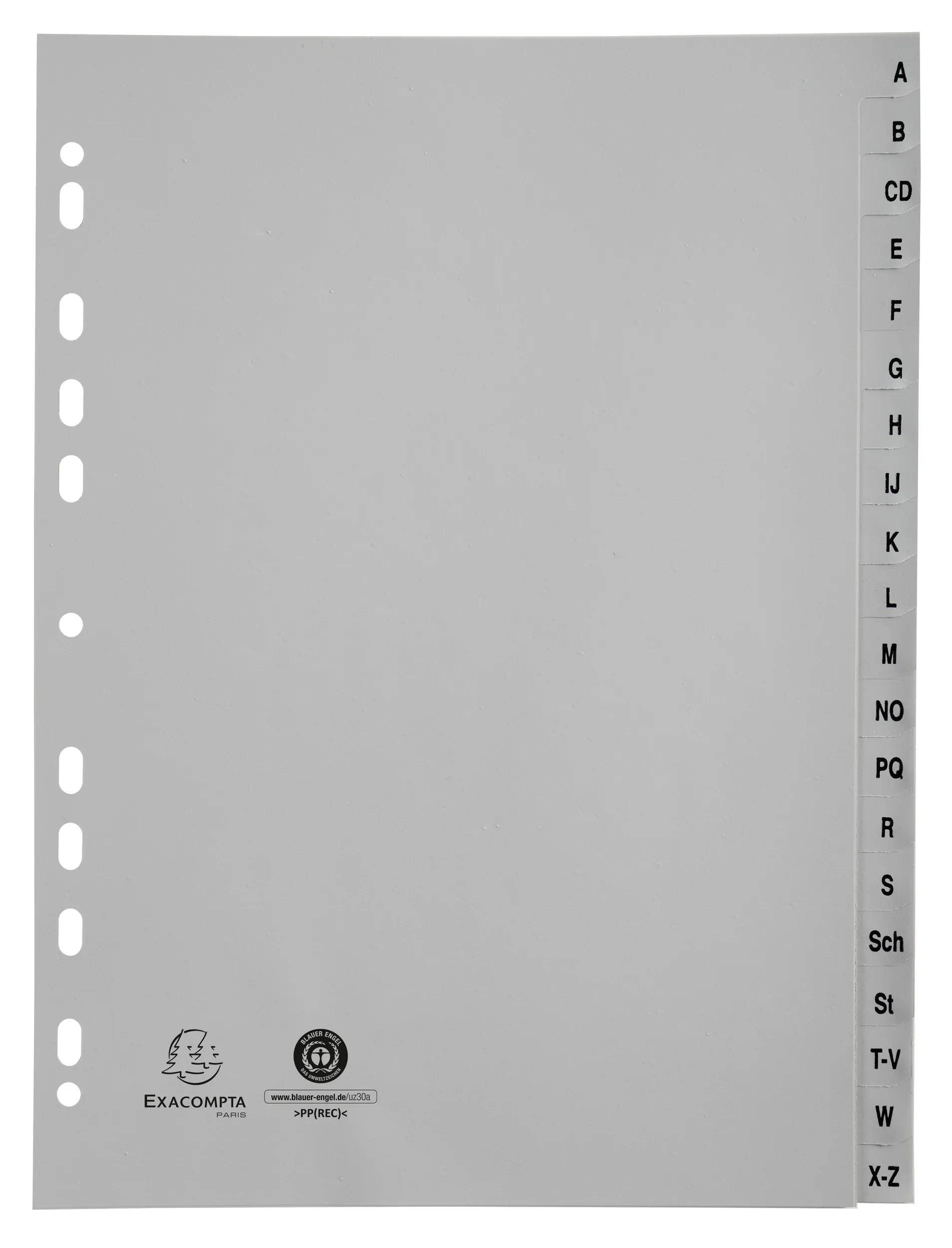 Ein gelochter, hellgrauer Registerreiter mit alphabetischen Tabs an der Seite, auf dem die Buchstaben C bis V angezeigt werden.