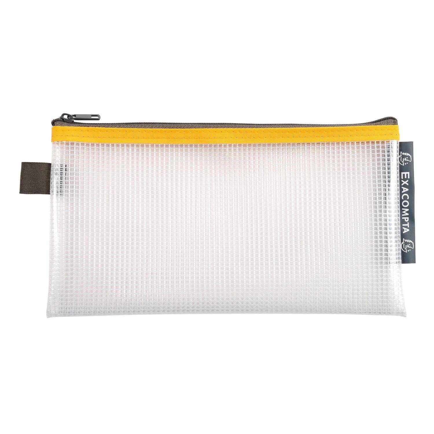 Transparente Netzstofftasche mit Reißverschluss, gelbem Rand und EXACOMPTA-Etikett an der Seite, auf weißem Hintergrund abgebildet.