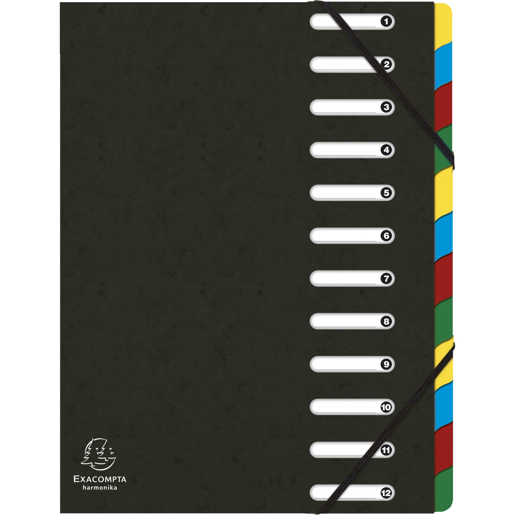 Exacompta 6x Ordnungsmappe HARMONIKA Gummizug Karton 12Fächern A4 Schwarz 55121E
