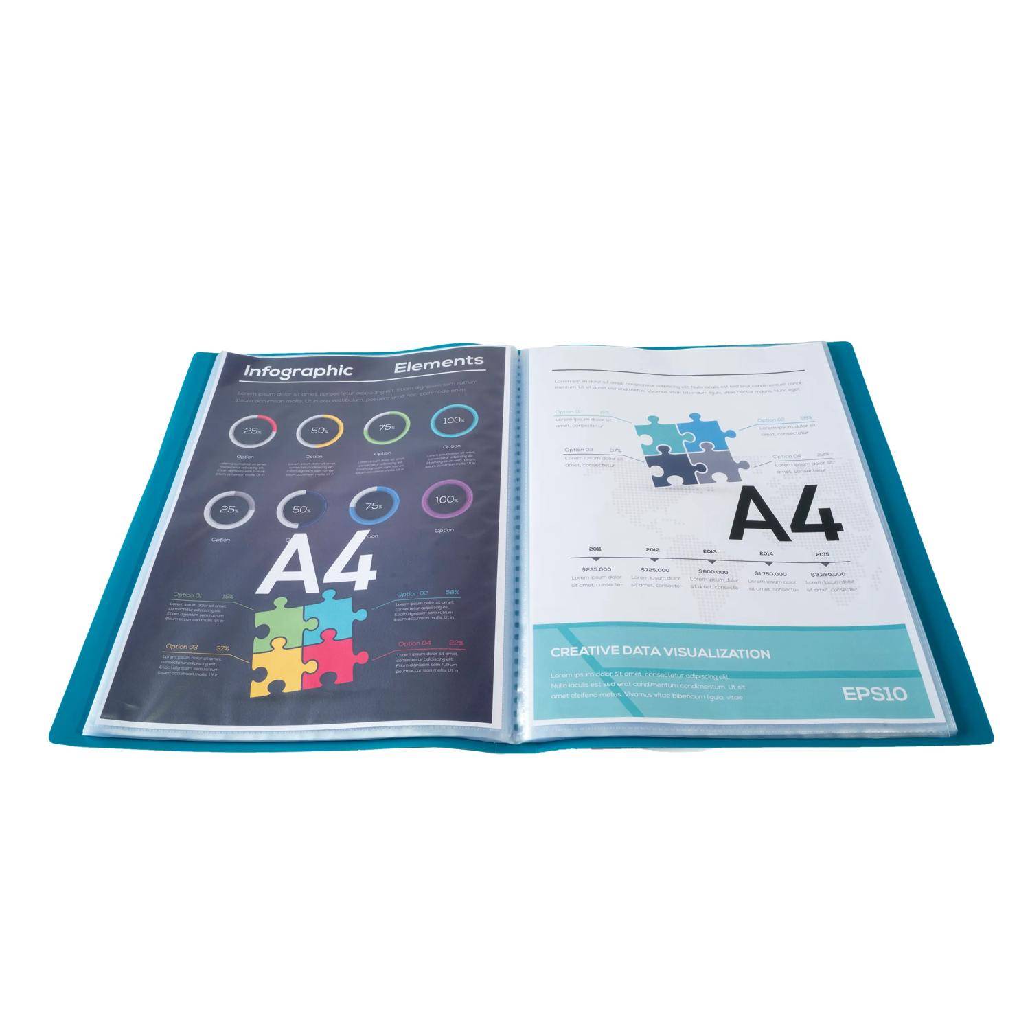Offene Broschüre mit A4-Infografik und kreativen Datenvisualisierungs-Layouts mit Puzzle-Grafiken und Diagrammen auf zwei Seiten.