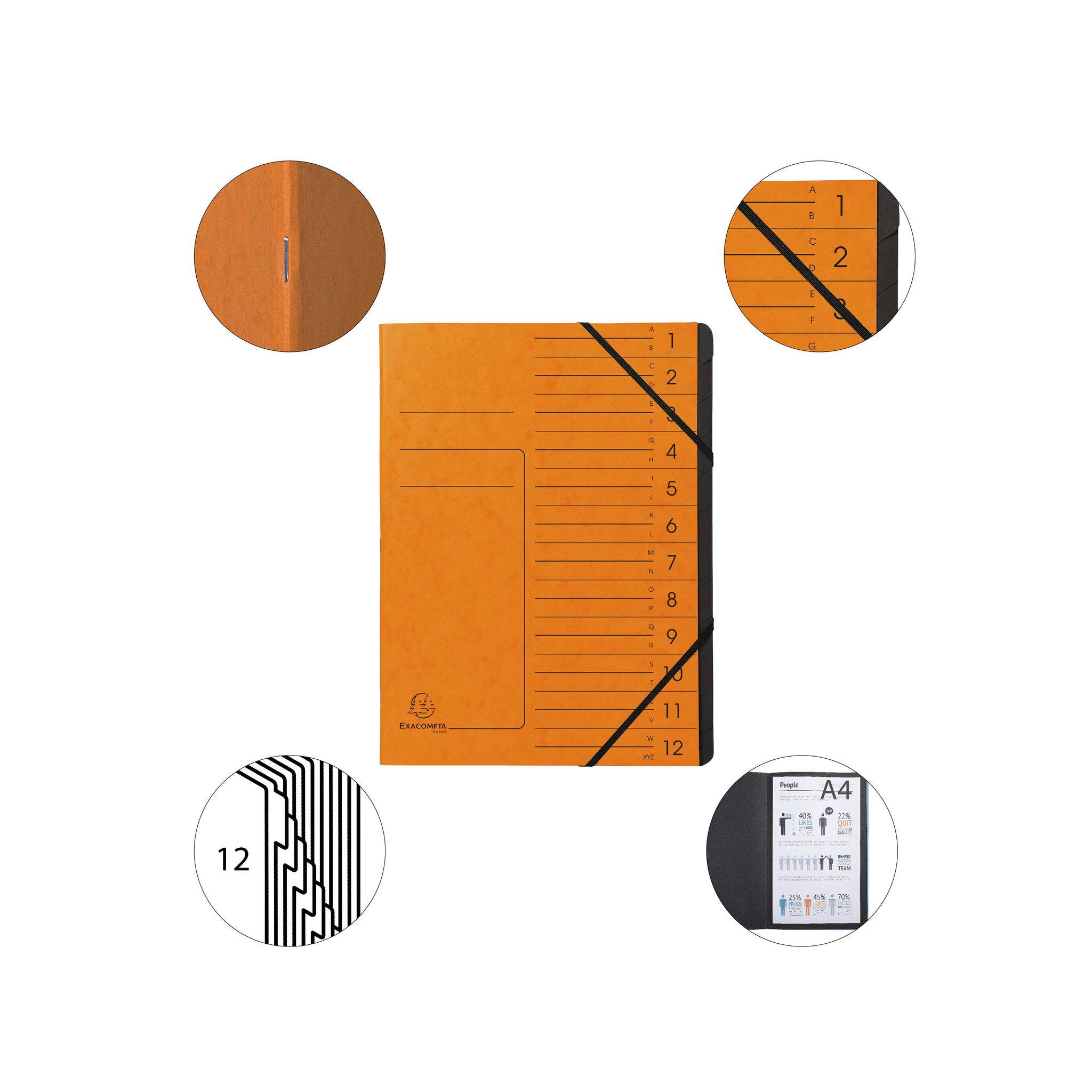 Exacompta 10x Ordnungsmappe + Gummizug innen schwarz 12 Fächer A4 Orange 541204E