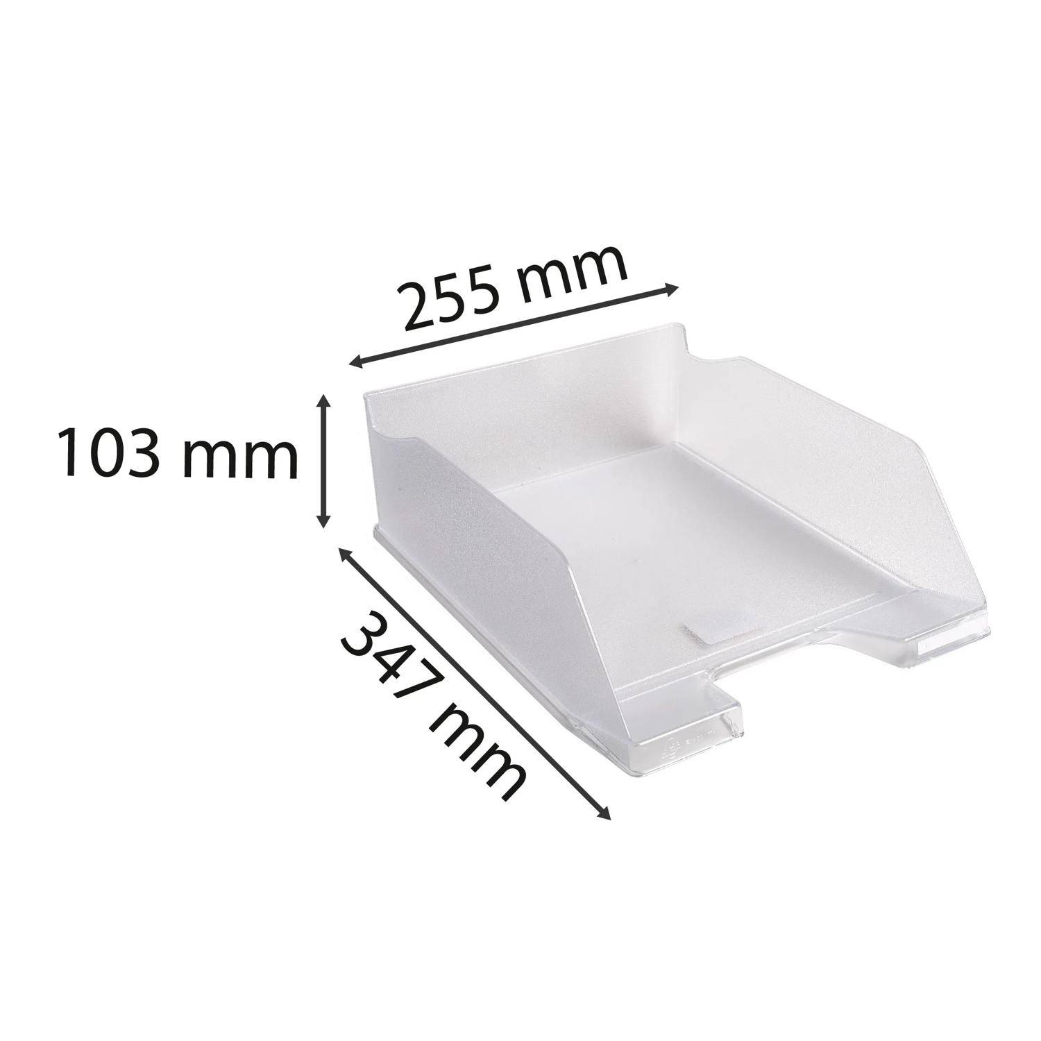 Durchsichtige Kunststoff-Lagerschale mit beschrifteten Abmessungen 255 mm breit, 347 mm tief und 103 mm hoch.