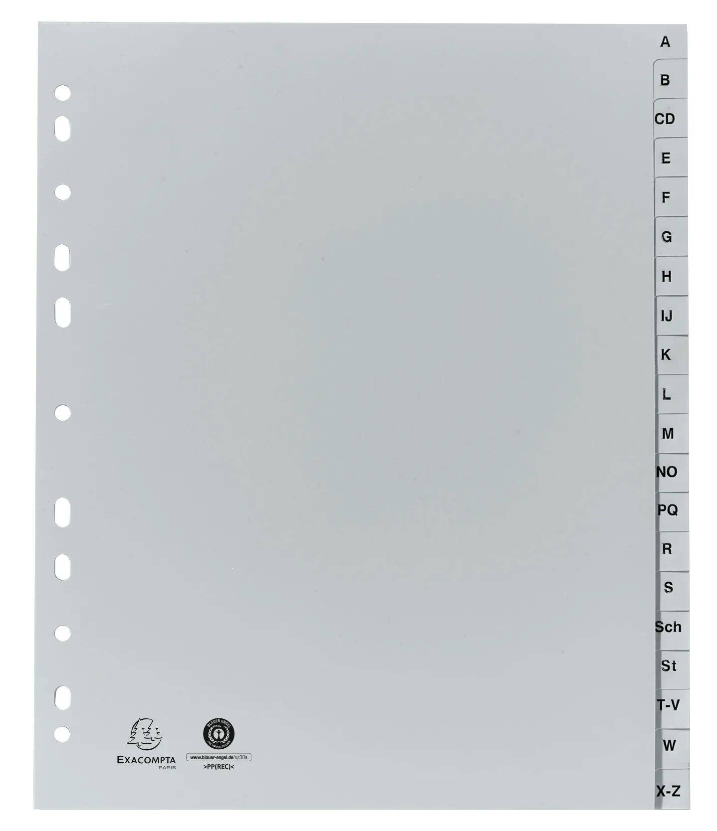 Indexreiter-Trennseite mit Buchstabentabs 'A-W' an der rechten Kante. Markenlogos 'EXACOMPTA' und 'APLI PAPER' unten links.