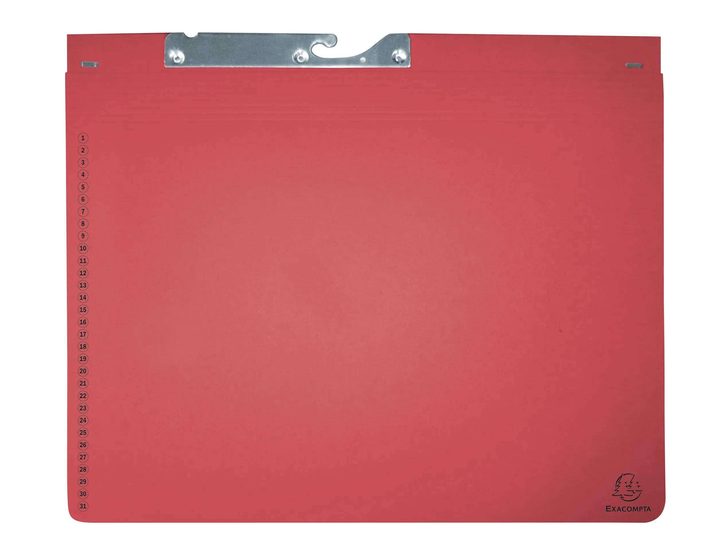 Ein roter flacher Aktenordner mit einer Metallklammer an der Oberseite, verwendet zum Organisieren und sicheren Halten von Papieren.